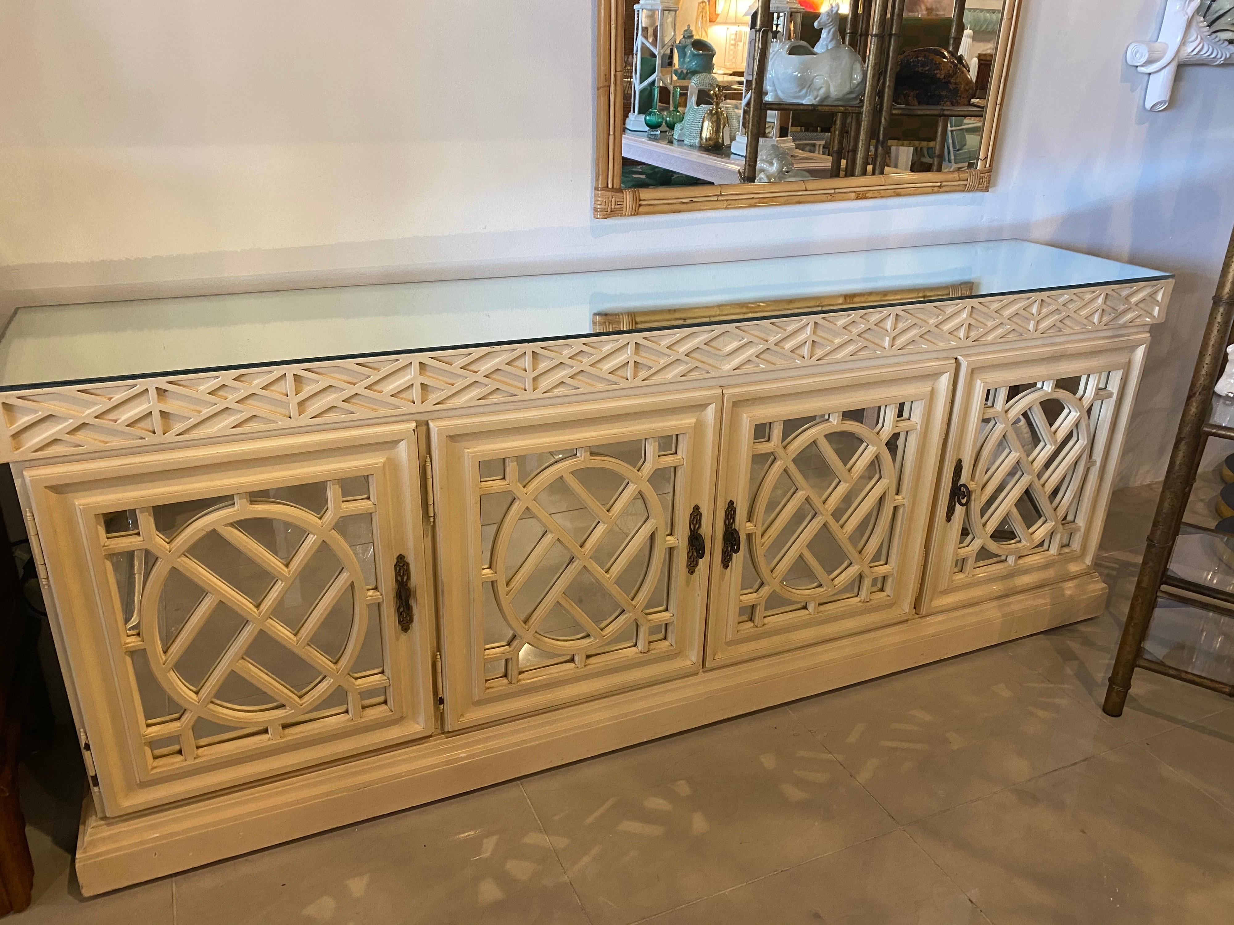 Vintage Fretwork Fret Work Chinese Chippendale Mirrored Credenza Buffet Cabinet 2