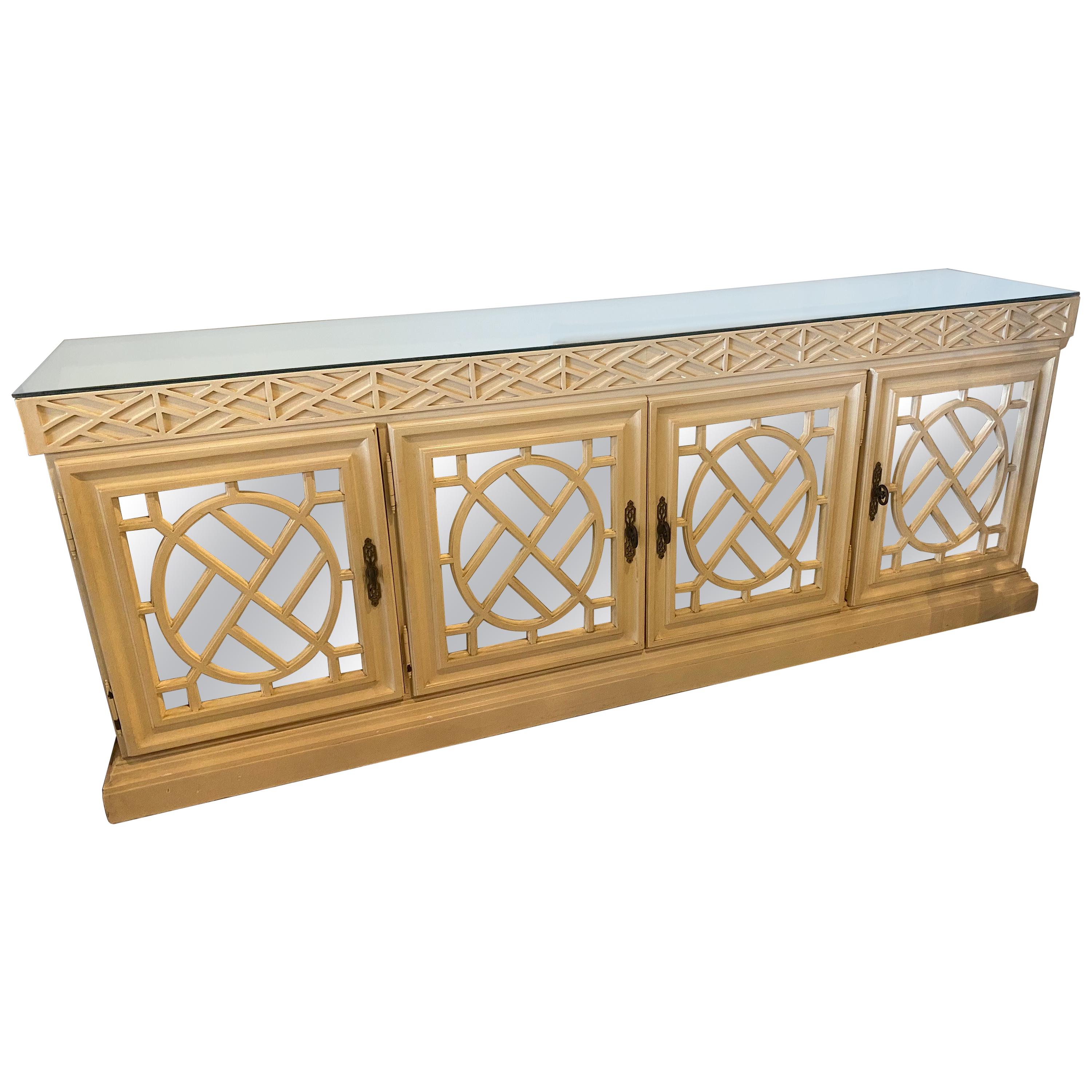 Vintage Fretwork Fret Work Chinese Chippendale Mirrored Credenza Buffet Cabinet