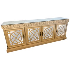 Vintage Fretwork Fret Work Chinese Chippendale Mirrored Credenza Buffet Cabinet