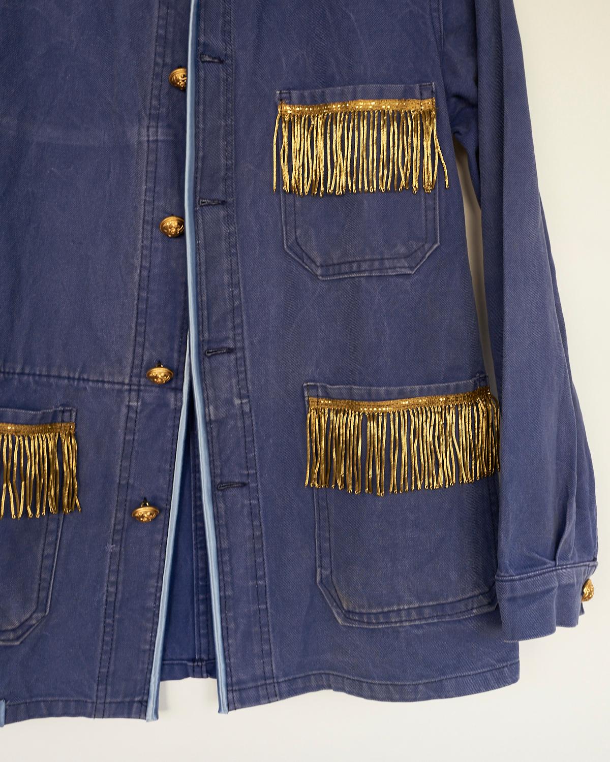 Women's Jacket Blue Gold Fringes Oversize Vintage Distressed French Blue J Dauphin