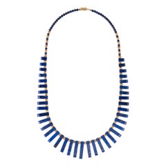 Vintage Fringe Necklace Lapis Lazuli 14 Karat Yellow Gold Estate Fine Jewelry