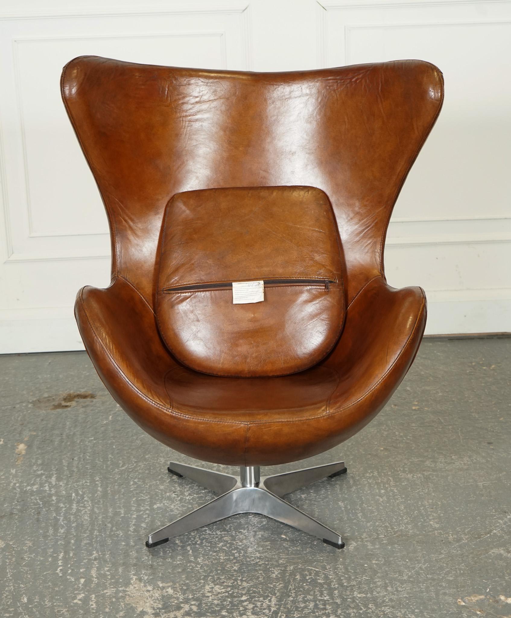 VINTAGE FRITZ HANSEN STYLE HAND DYED BROWN LEATHER EGG LOUNGE CHAiR 1