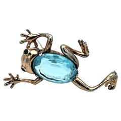 Broche vintage FROG par Réja NY vermeil argent sterling, grand strass aqua