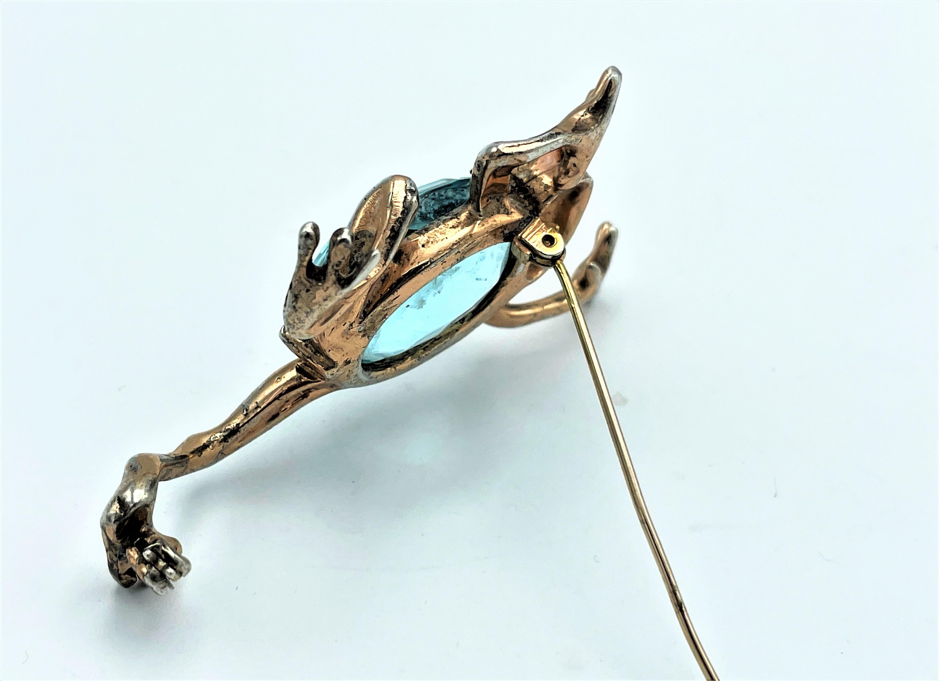 Broche vintage FROG par Réja NY vermeil argent sterling, grand strass aqua  Bon état - En vente à Stuttgart, DE