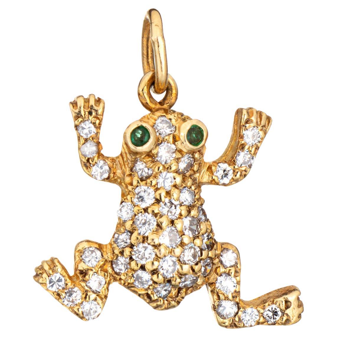 Vintage Frog Charm Diamond 18k Yellow Gold Pendant Emerald Eyes Fine Jewelry For Sale