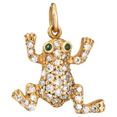 Vintage Frog Charm Diamond 18k Yellow Gold Pendant Emerald Eyes Fine Jewelry