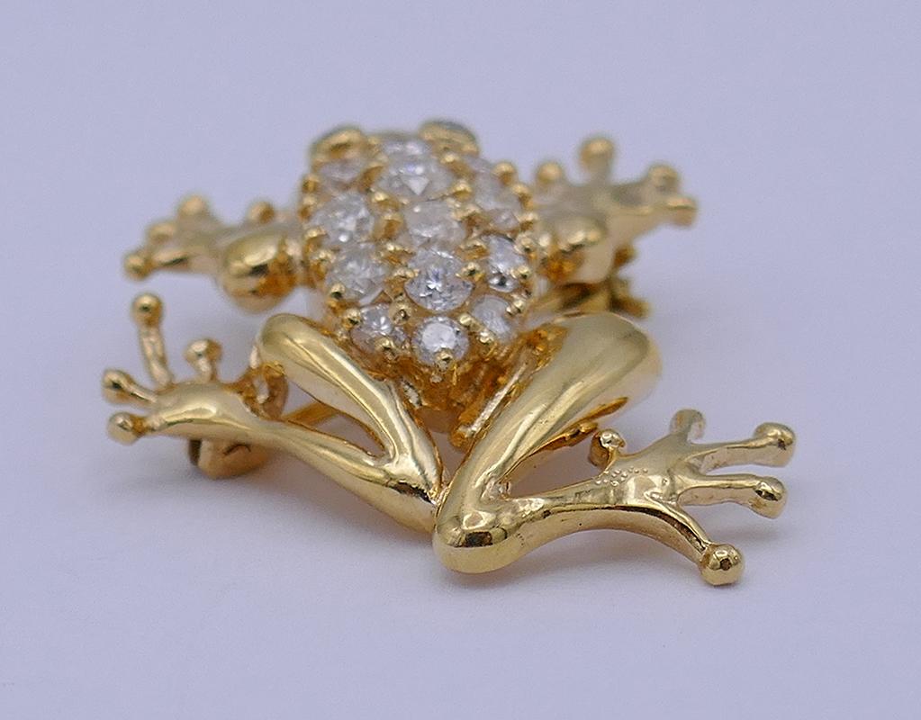 Round Cut Vintage Frog Pin 14k Gold Diamond Brooch Pendant Estate Jewelry