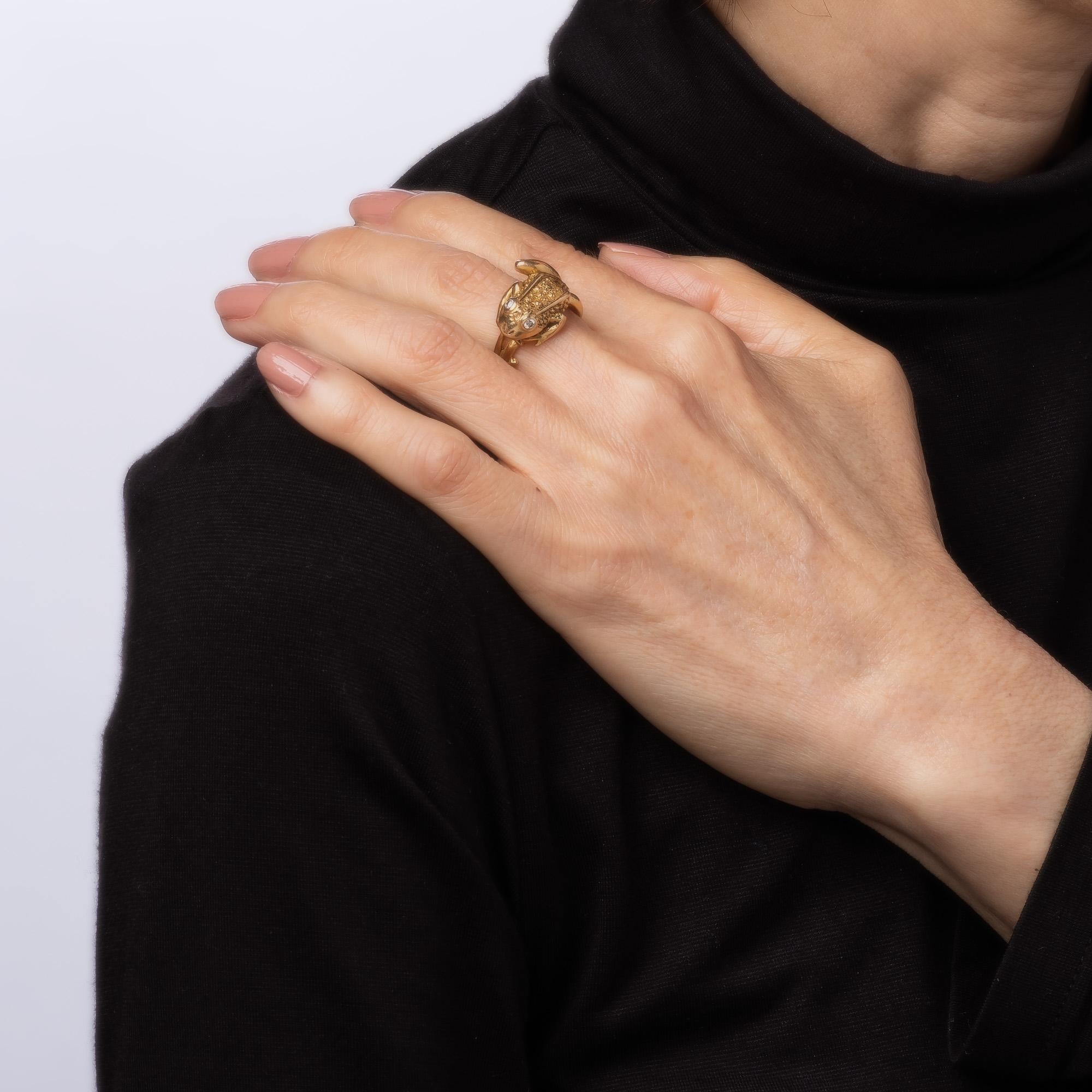 Women's Vintage Frog Ring 14k Yellow Gold Sz 6 Webbed Feet Estate Jewelry Diamond Eyes For Sale