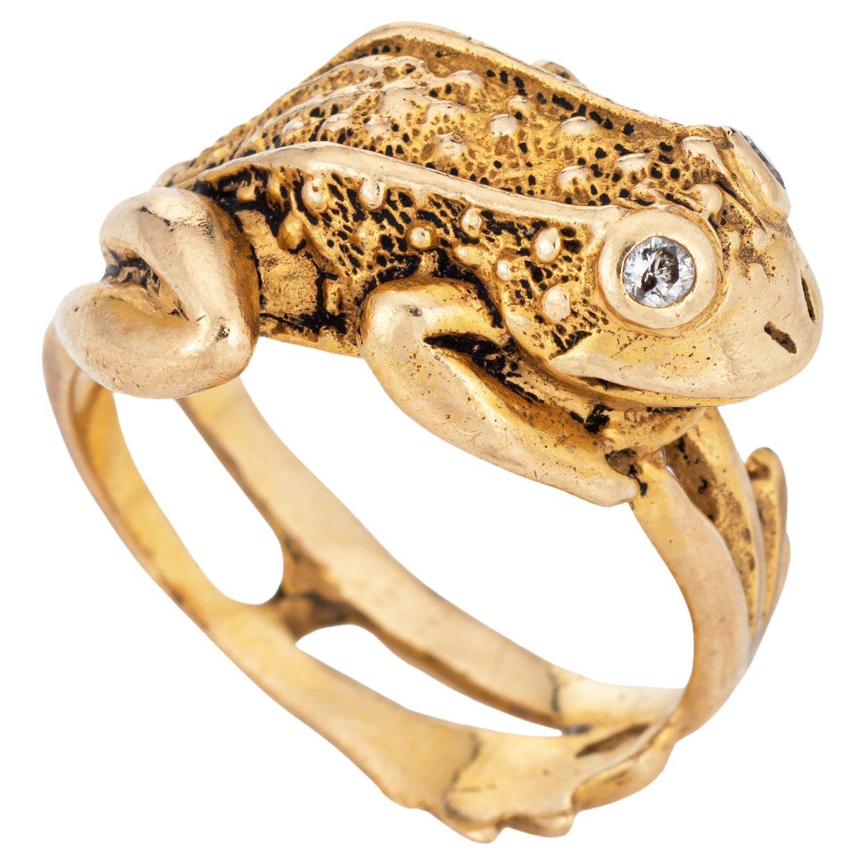 Vintage Frog Ring 14k Yellow Gold Sz 6 Webbed Feet Estate Jewelry Diamond Eyes For Sale