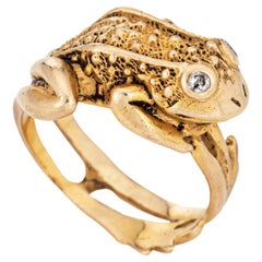 Retro Frog Ring 14k Yellow Gold Sz 6 Webbed Feet Estate Jewelry Diamond Eyes