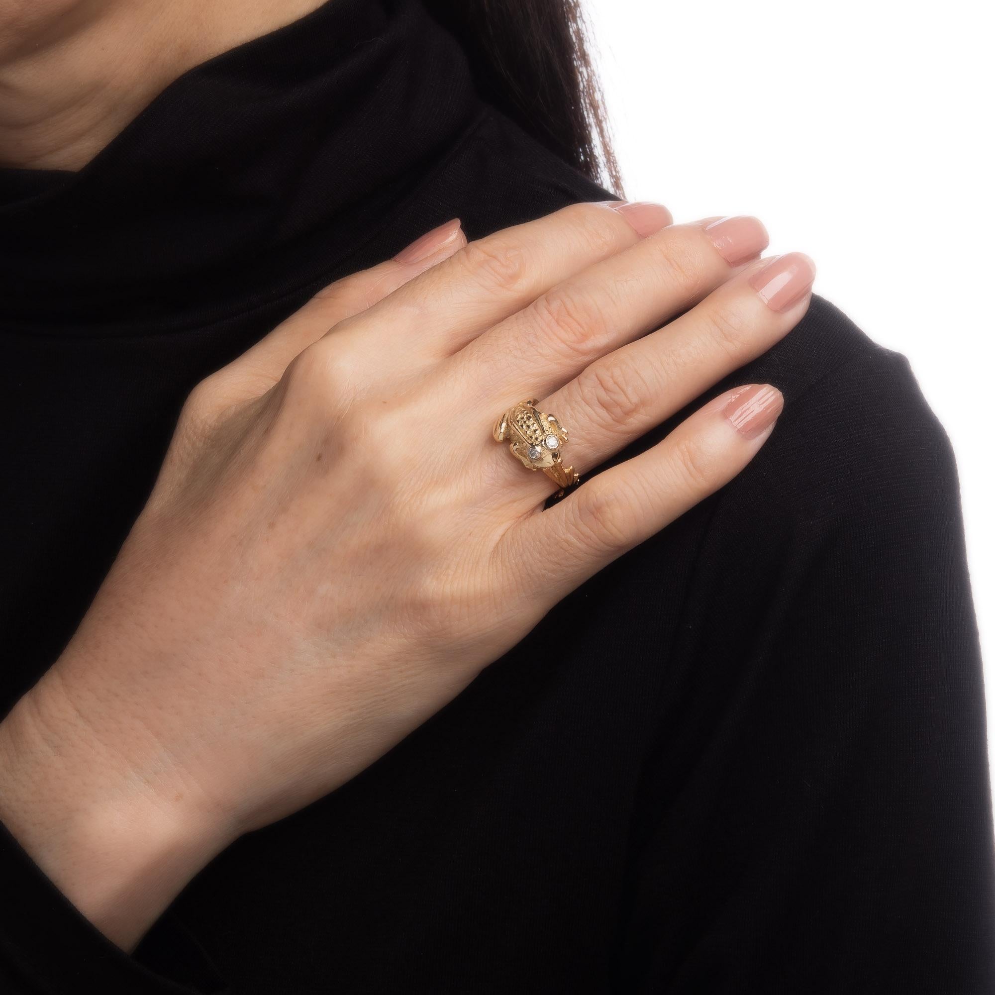 Modern Vintage Frog Ring 14k Yellow Gold Sz 8 Webbed Feet Estate Jewelry Diamond Eyes