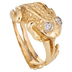 Vintage Frog Ring 14k Yellow Gold Sz 8 Webbed Feet Estate Jewelry Diamond Eyes