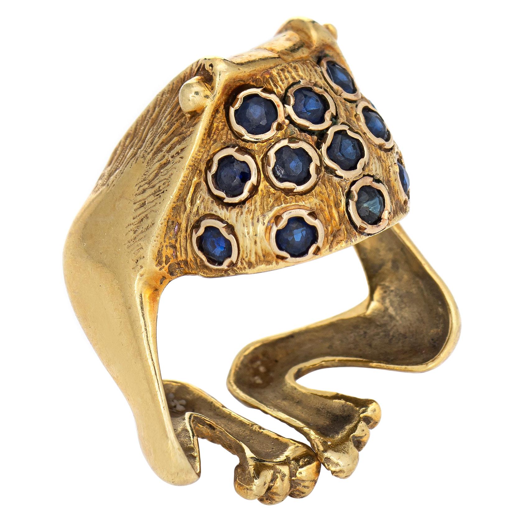 Vintage Frog Ring 18k Yellow Gold Sapphire Estate Fine Jewelry Toad