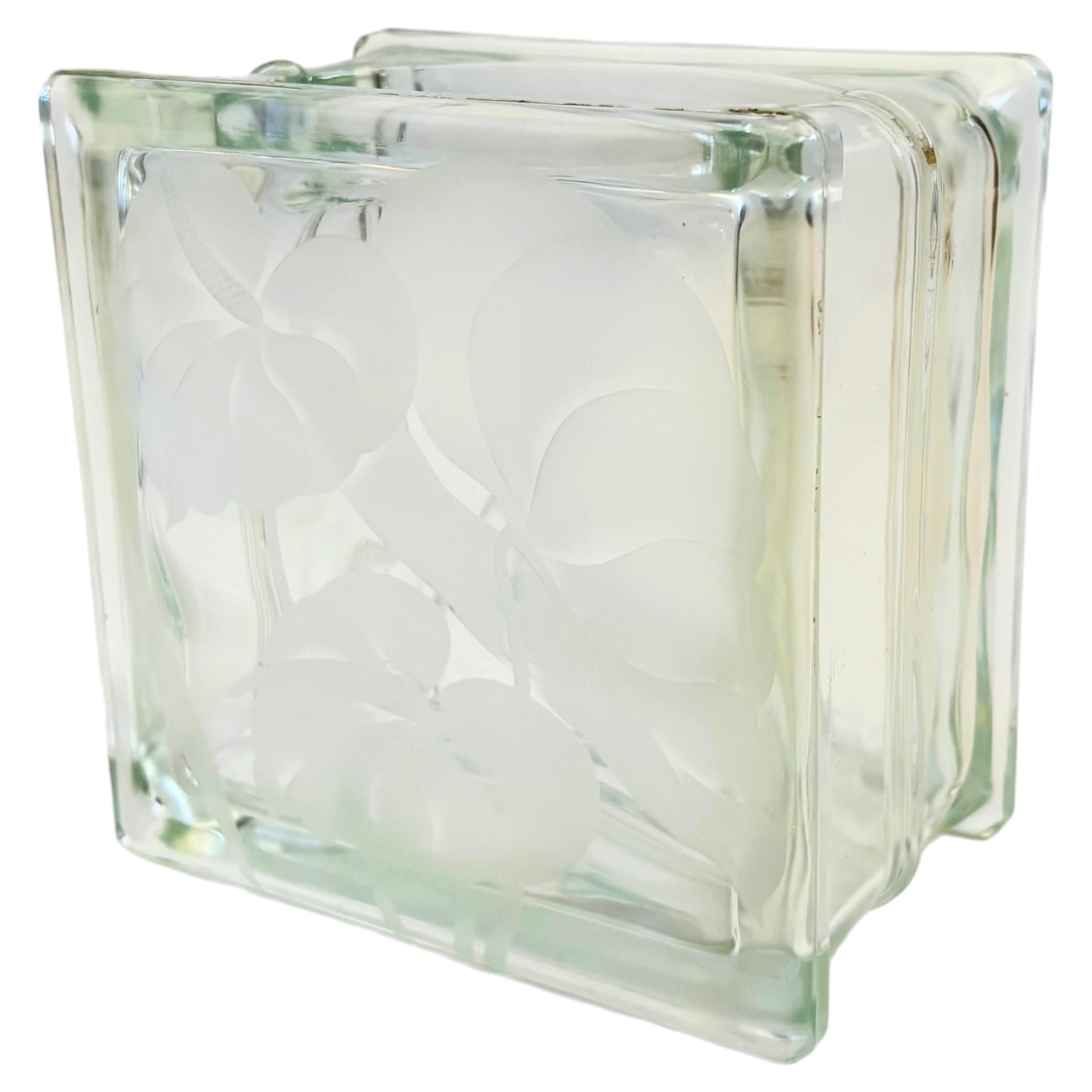 Vintage Frosted Flower Glass Block Vase