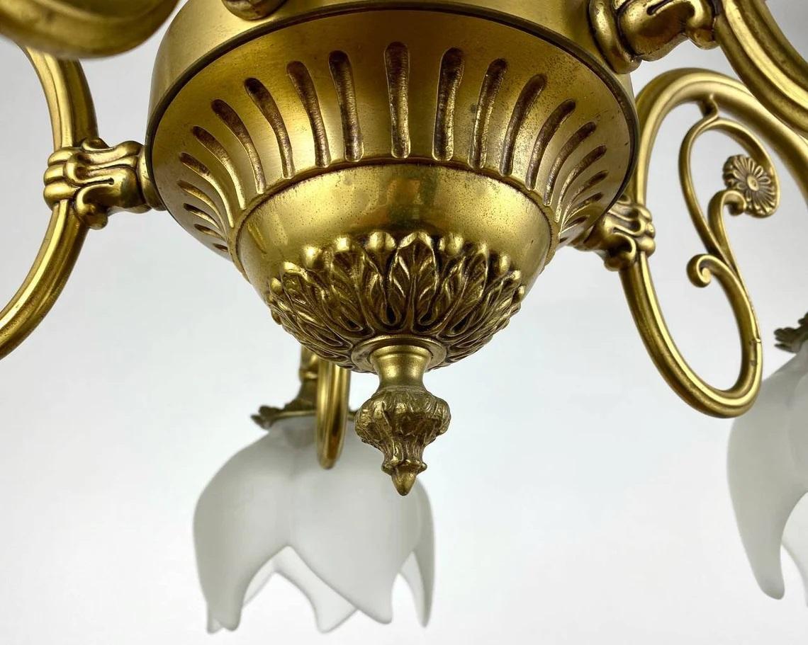 Belgian Vintage Frosted Glass & Gilt Brass Chandelier