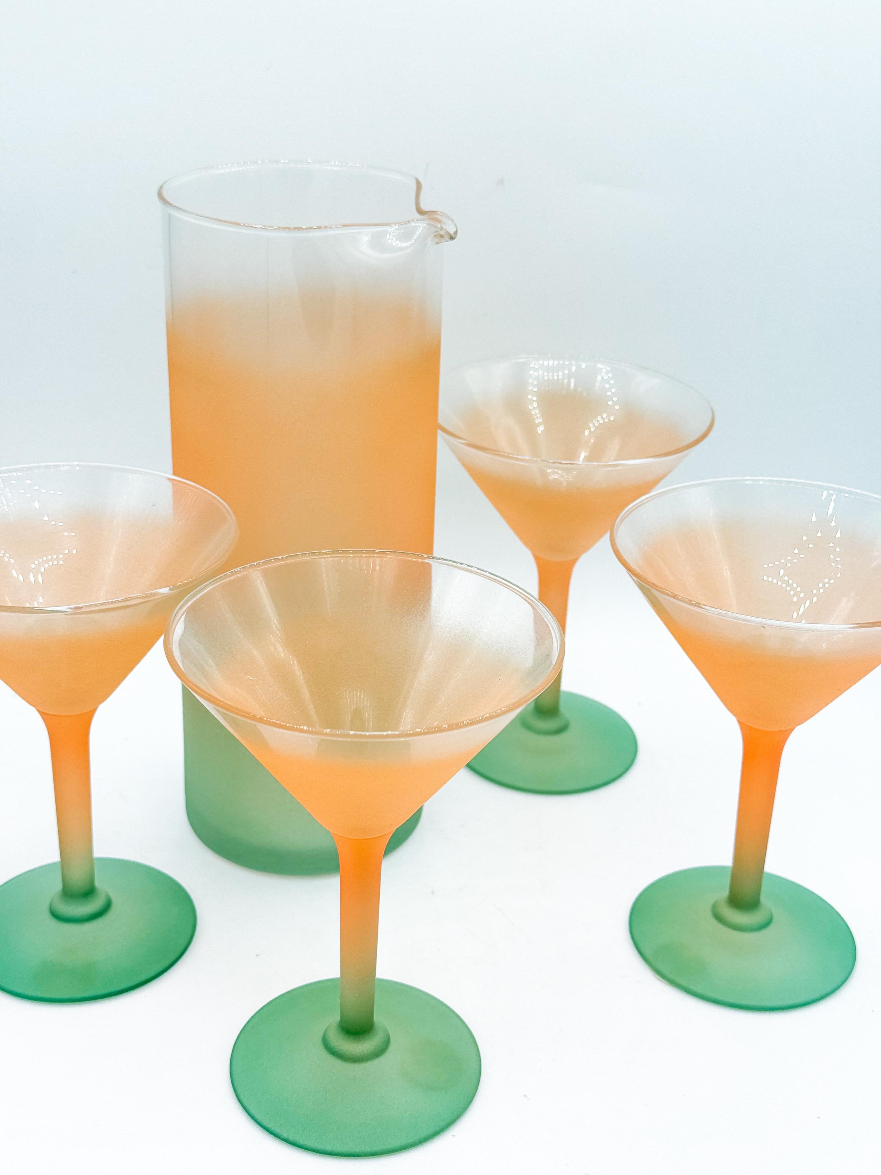 Vintage Frosted Ombré Martini Glass and Pitcher Set by Chevrier Pettigrew Quebec For Sale 4