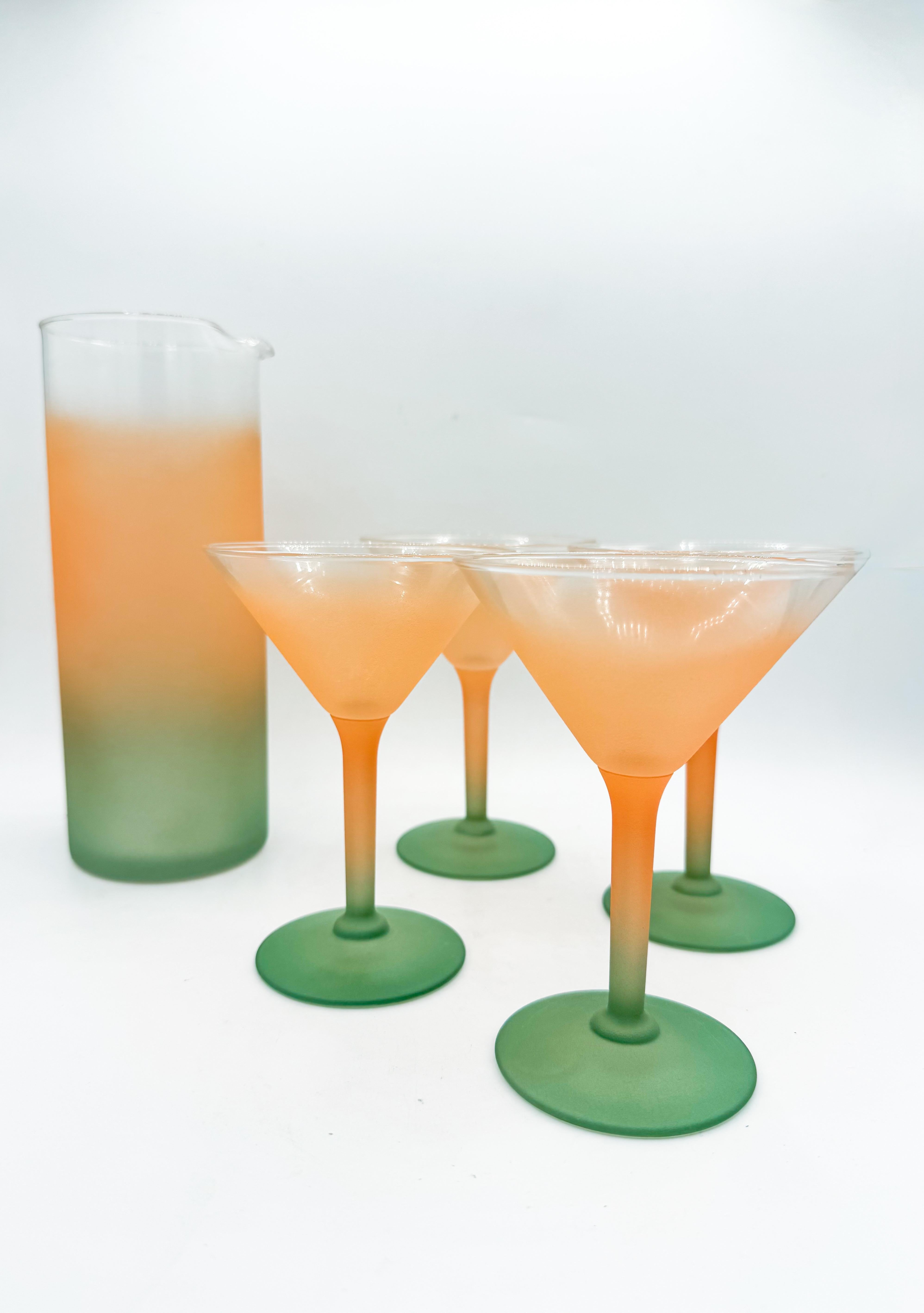 Vintage Frosted Ombré Martini Glass and Pitcher Set by Chevrier Pettigrew Quebec In Good Condition For Sale In Toronto, CA