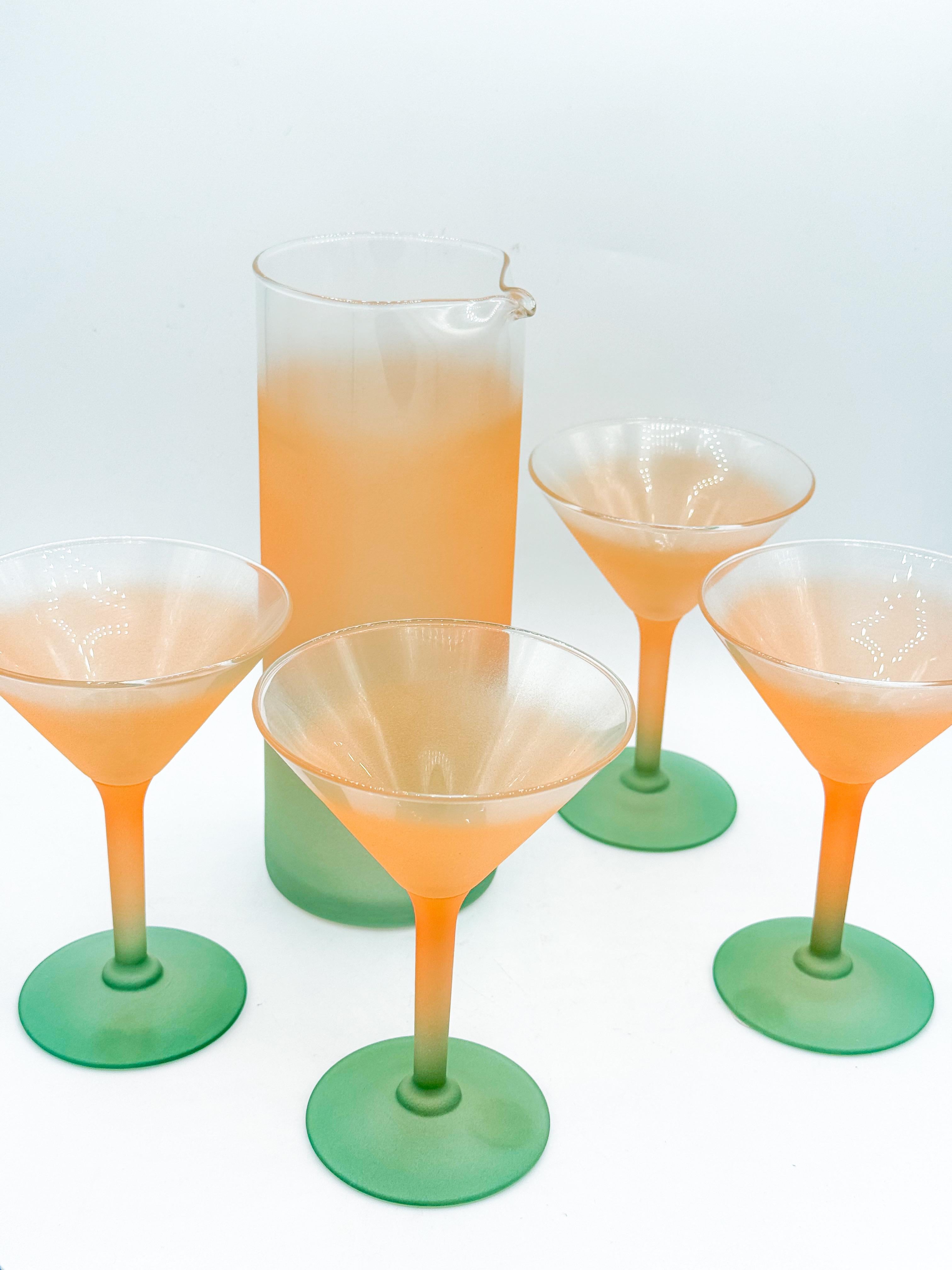 Vintage Frosted Ombré Martini Glass and Pitcher Set by Chevrier Pettigrew Quebec For Sale 1