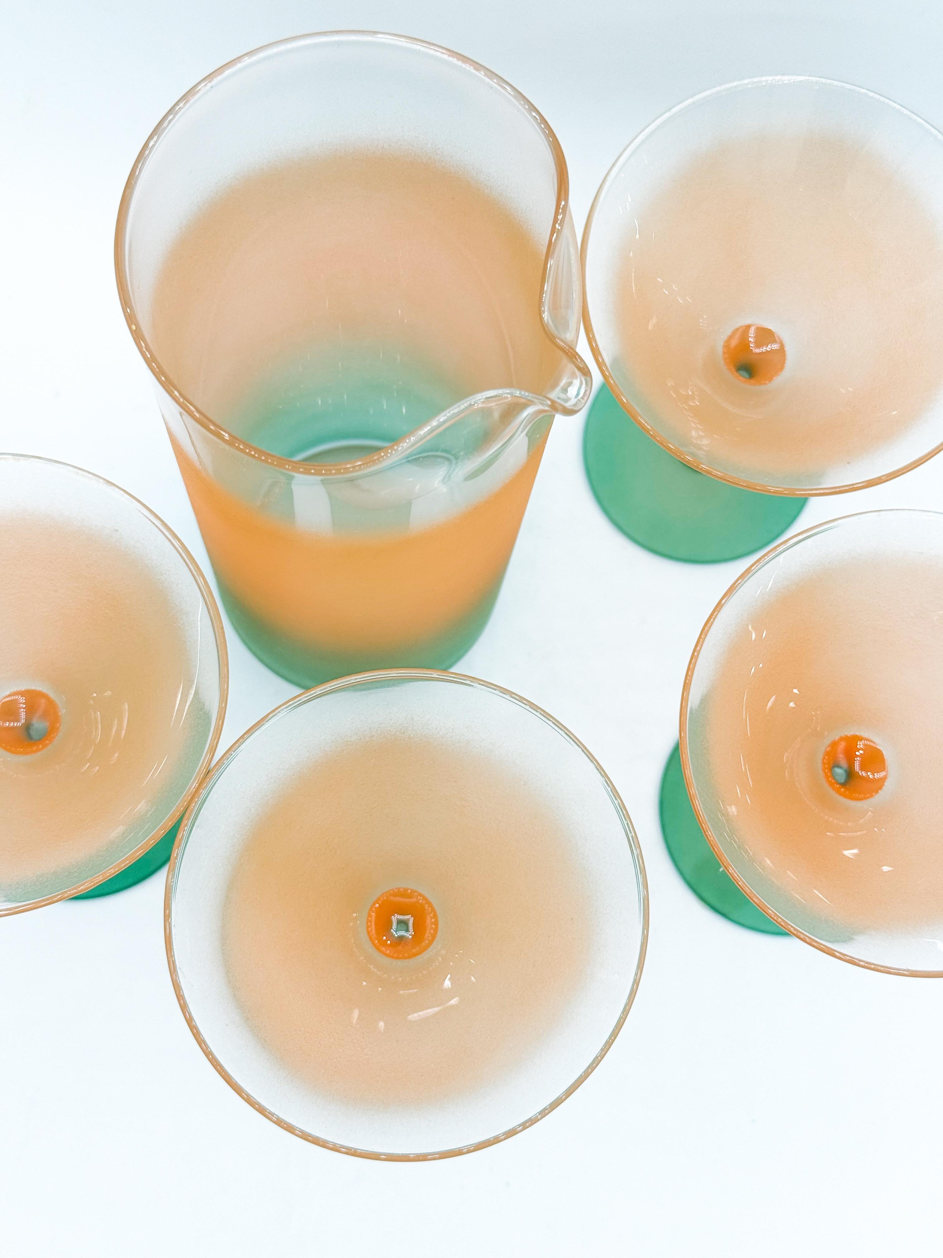 Vintage Frosted Ombré Martini Glass and Pitcher Set by Chevrier Pettigrew Quebec For Sale 3