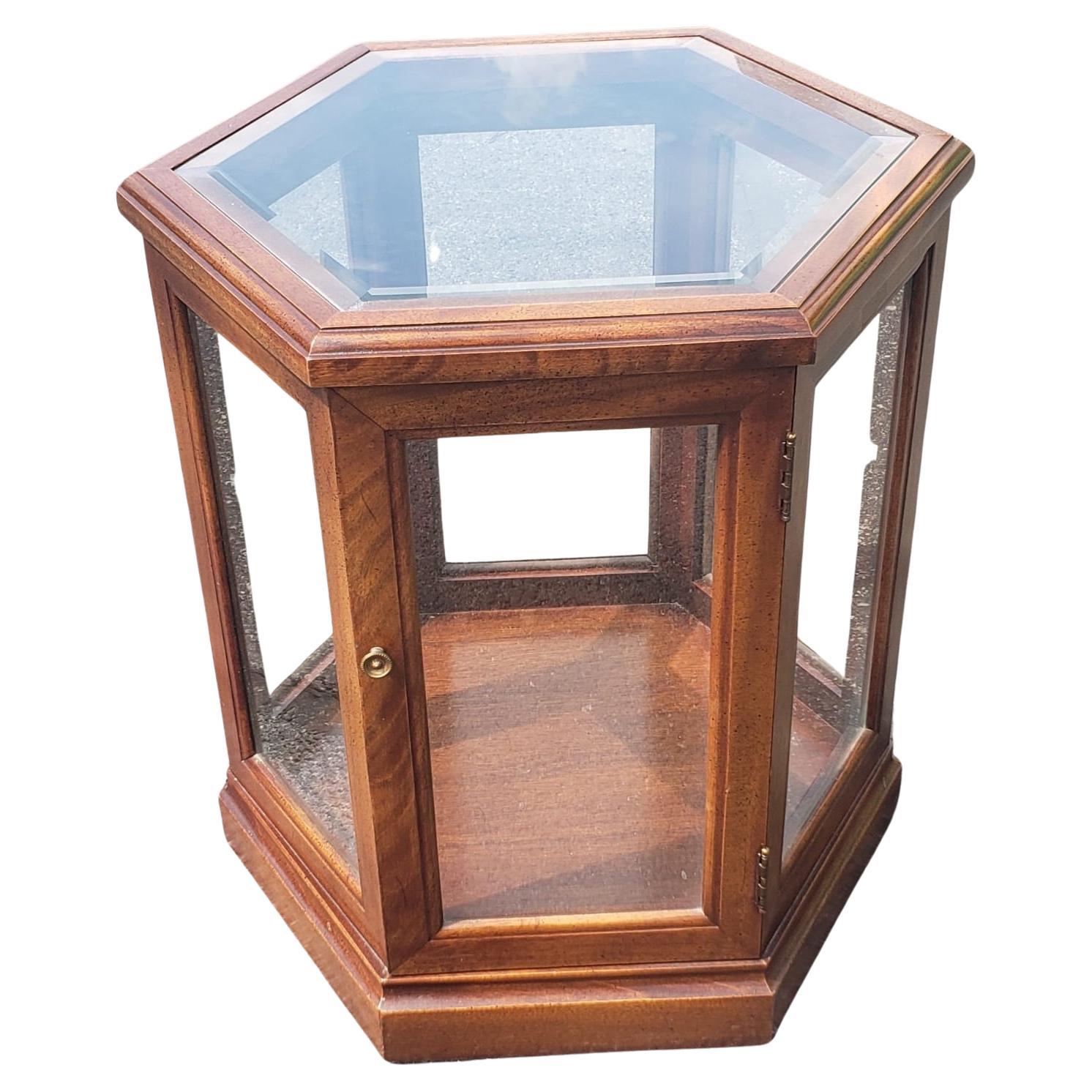 Modern Vintage Fruitwood and Glass Paneled Hexagonal Side Table For Sale