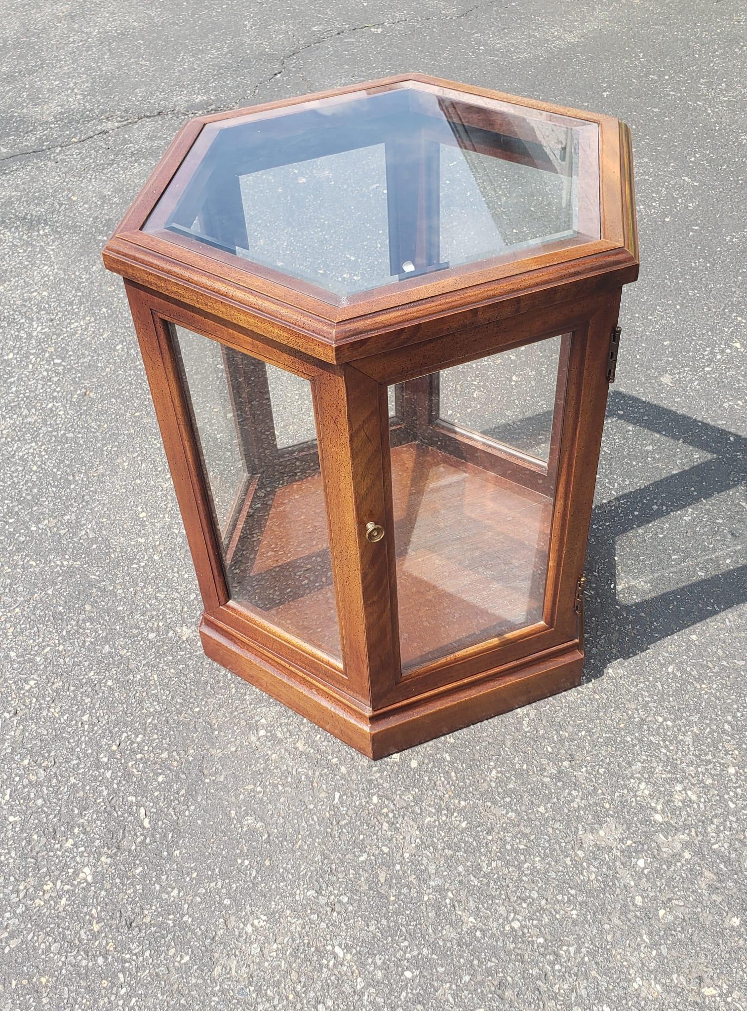 Unknown Vintage Fruitwood and Glass Paneled Hexagonal Side Table For Sale