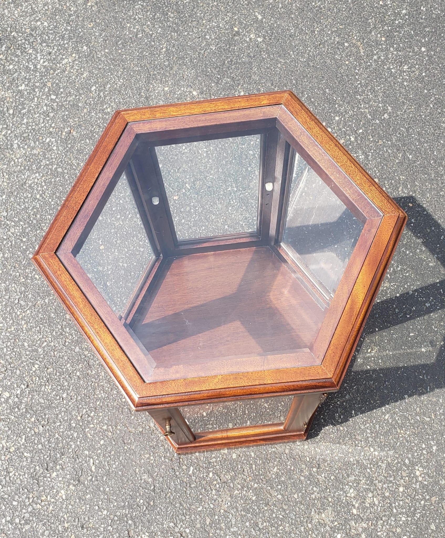Other Vintage Fruitwood and Glass Paneled Hexagonal Side Table For Sale