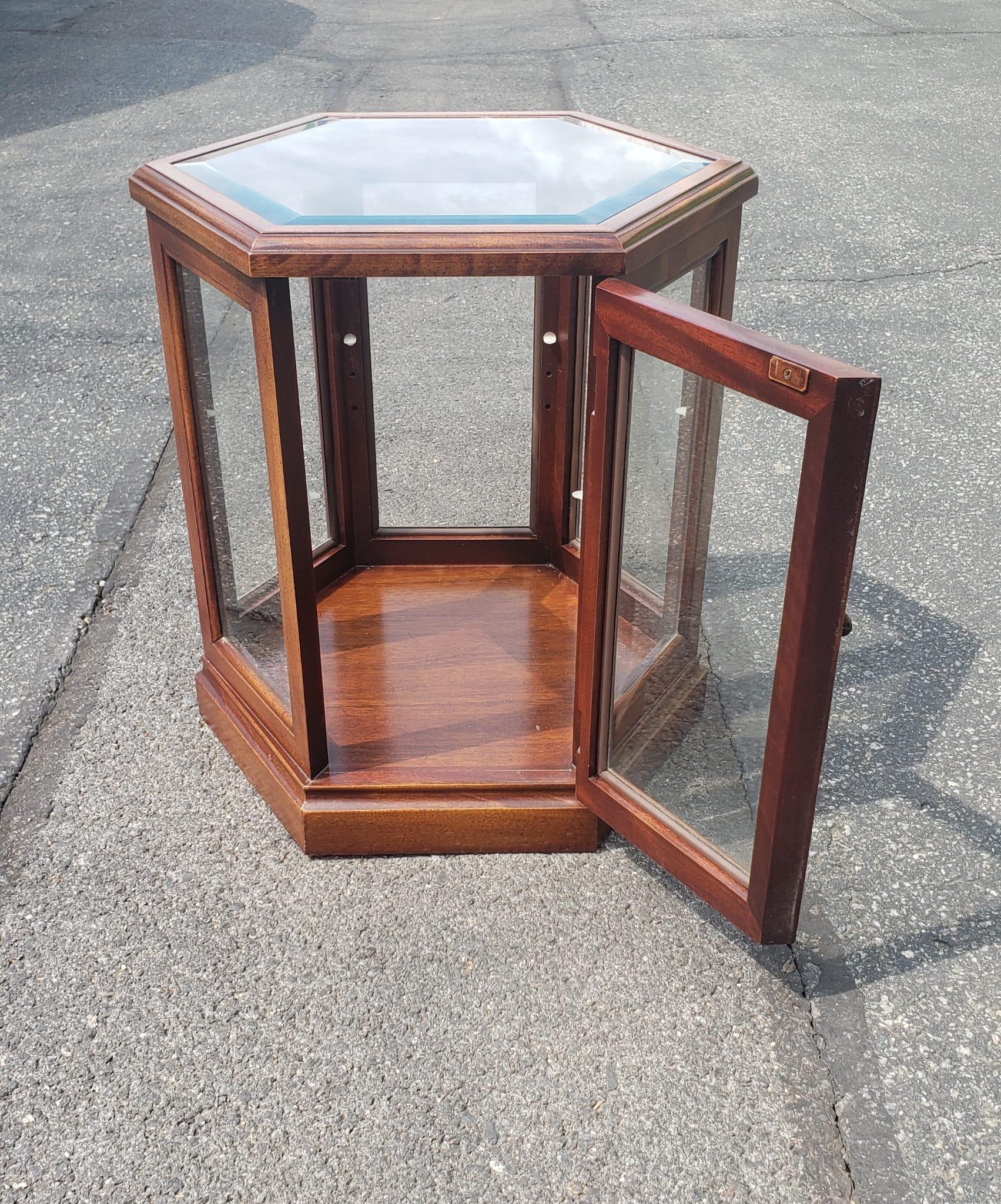 Vintage Fruitwood and Glass Paneled Hexagonal Side Table In Good Condition For Sale In Germantown, MD