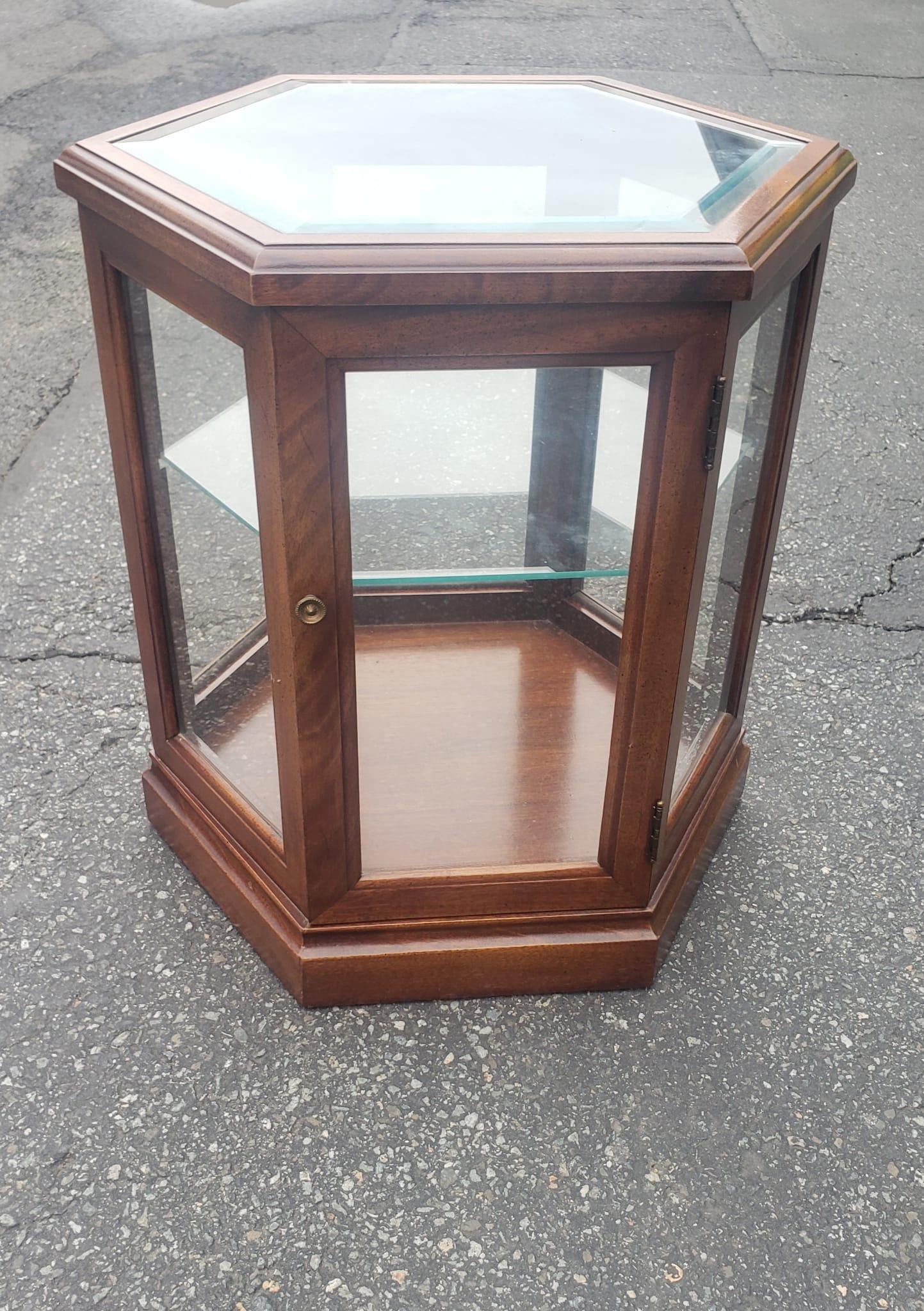 20th Century Vintage Fruitwood and Glass Paneled Hexagonal Side Table For Sale