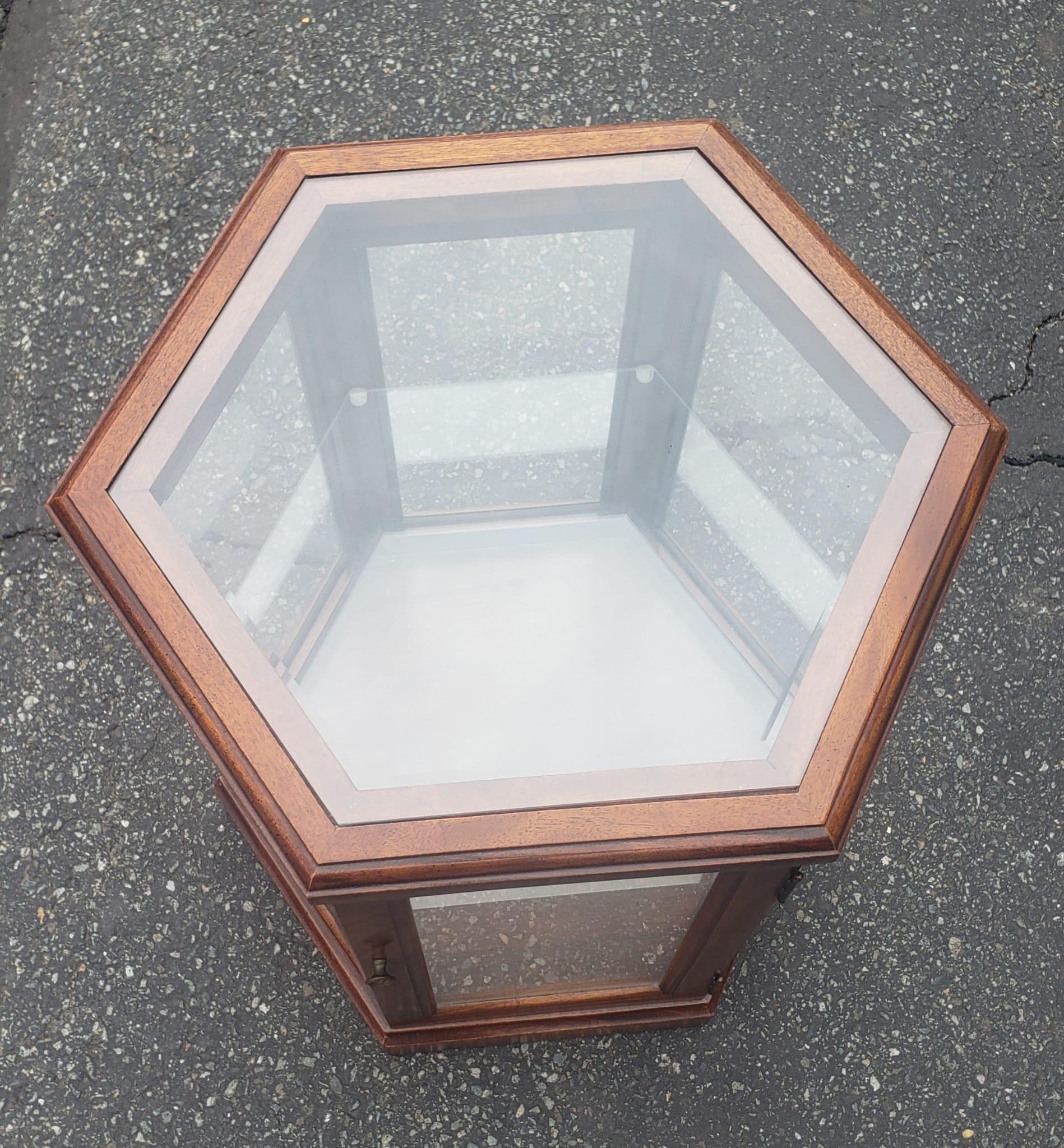 Vintage Fruitwood and Glass Paneled Hexagonal Side Table For Sale 1