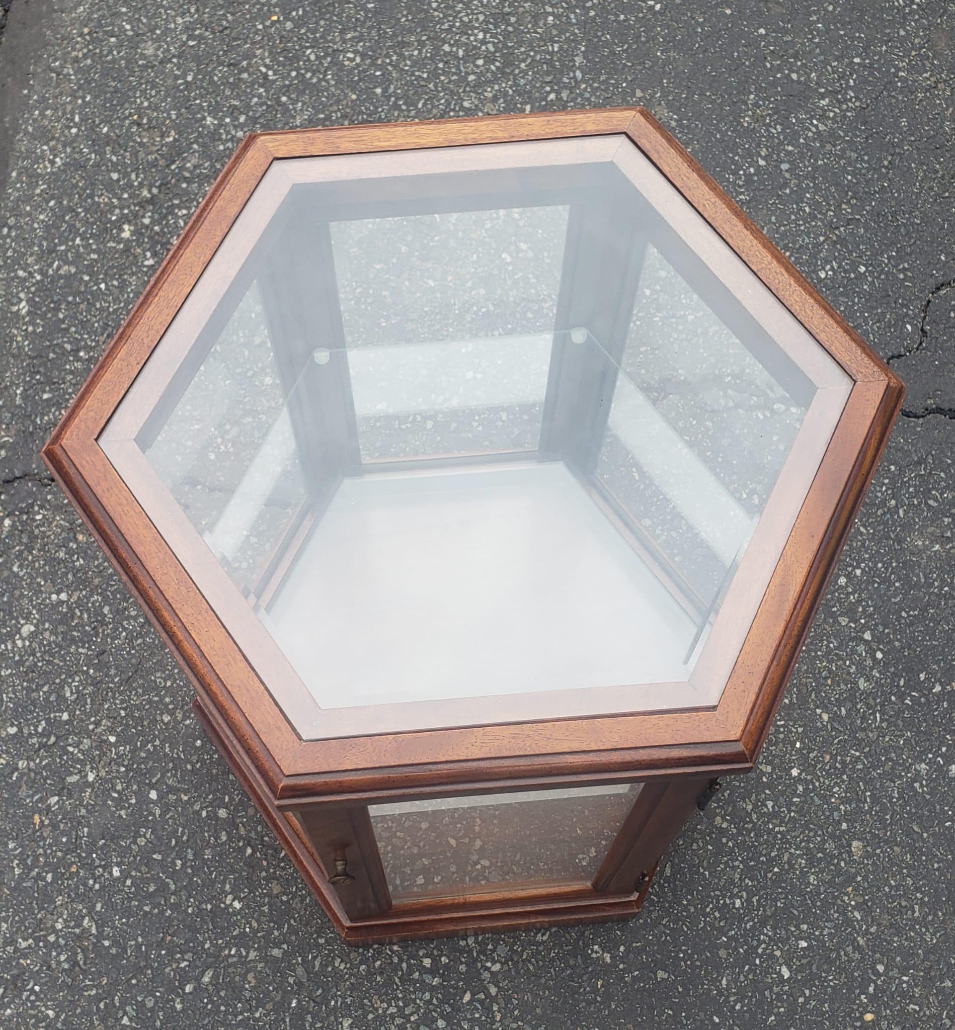 20th Century Vintage Fruitwood and Glass Paneled Hexagonal Side Table For Sale