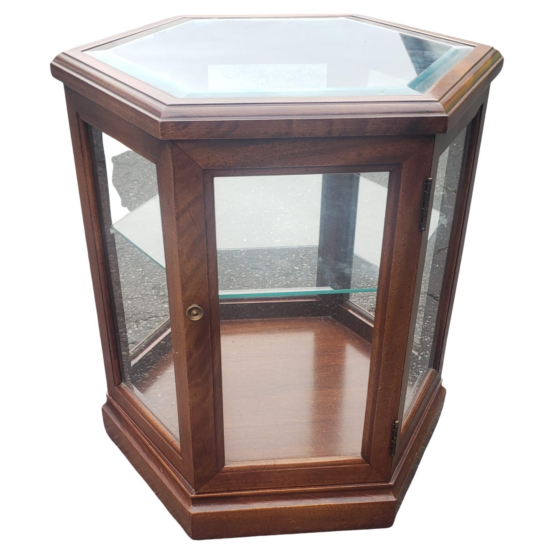 Vintage Fruitwood and Glass Paneled Hexagonal Side Table For Sale