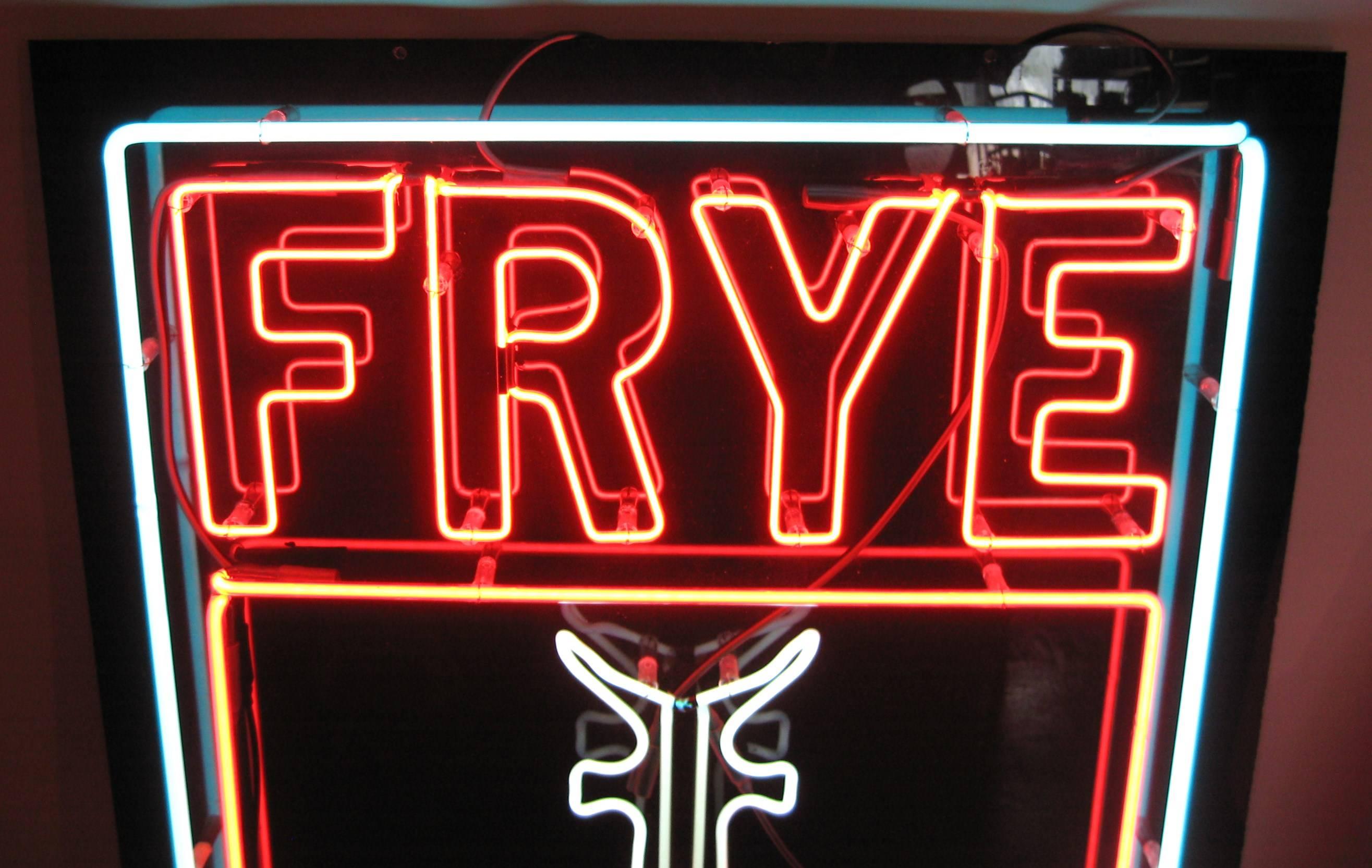 Fantastic large neon sign for the Frye Boot company in working condition, mounted on black Lucite. Transformer is marked Franceformer. See photo's. What a great conversation piece this would be in your home or office.

  