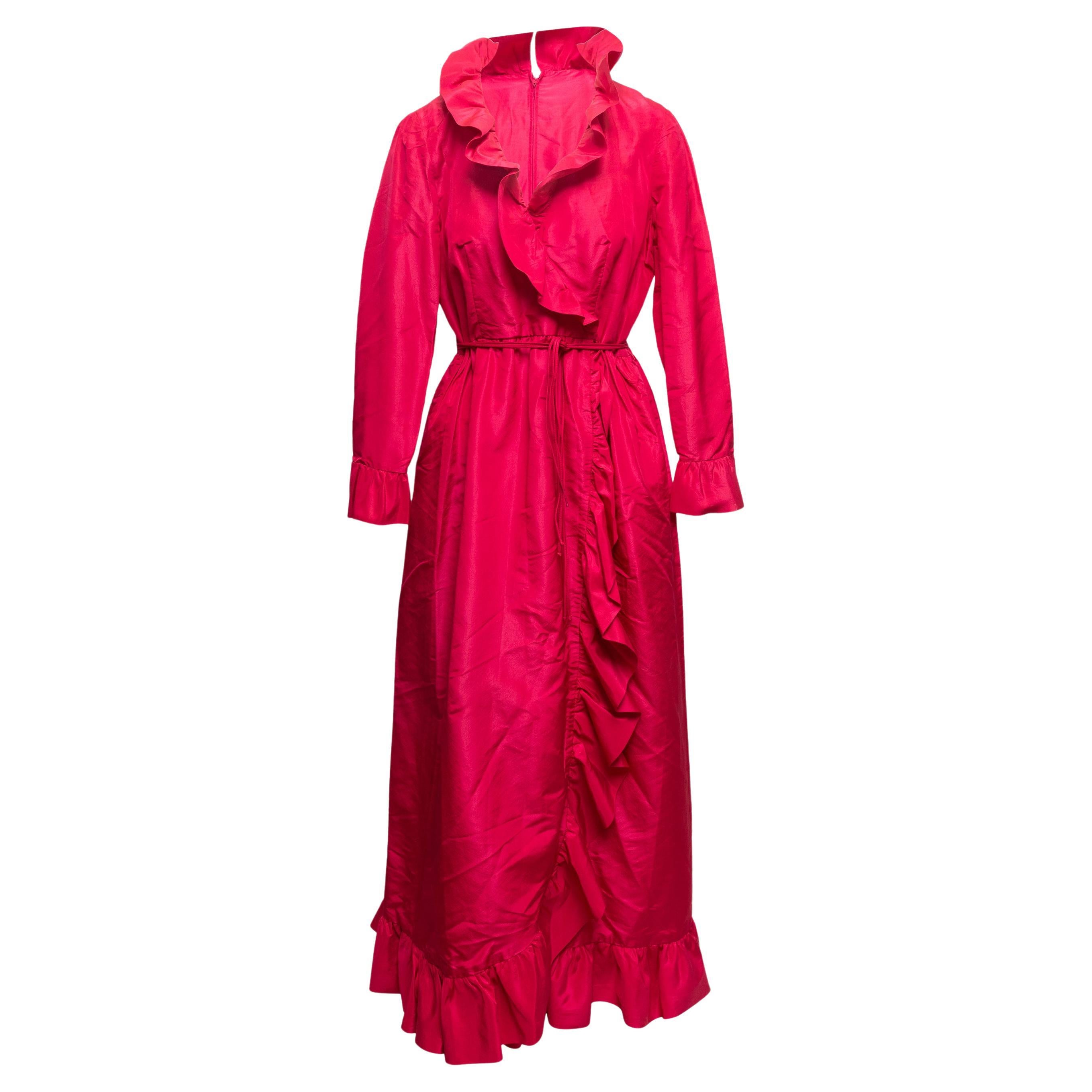 Vintage Fuchsia Mollie Parnis Boutique 1970s Ruffle-Trimmed Gown Size US L