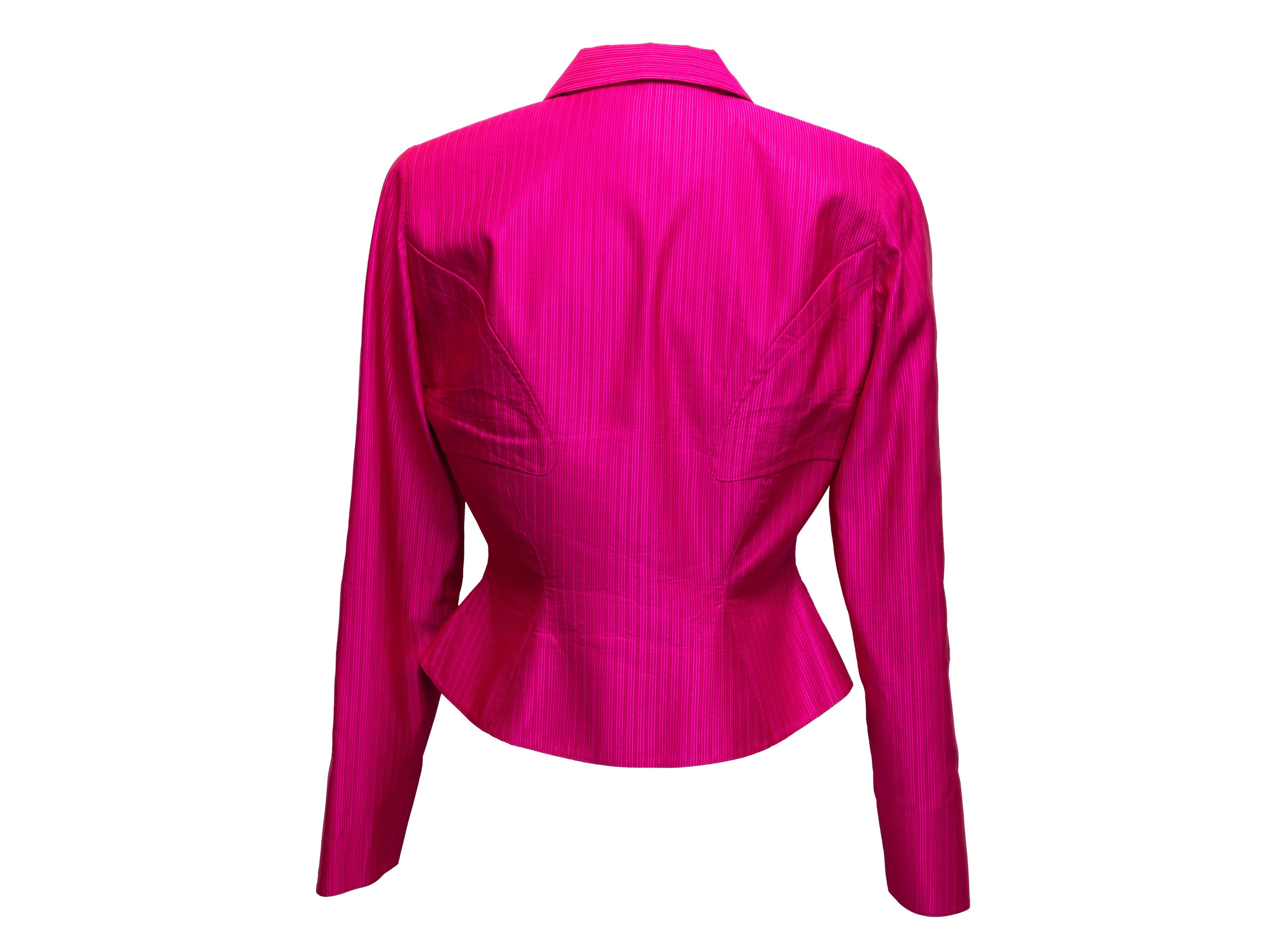 Vintage fuchsia pinstripe cropped silk-blend blazer by Thierry Mugler. Notched lapel. Front button closures. 36