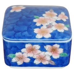 Antique Fukagawa Porcelain Cherry Blossoms Lidded Trinket Keepsake Box 3.5"