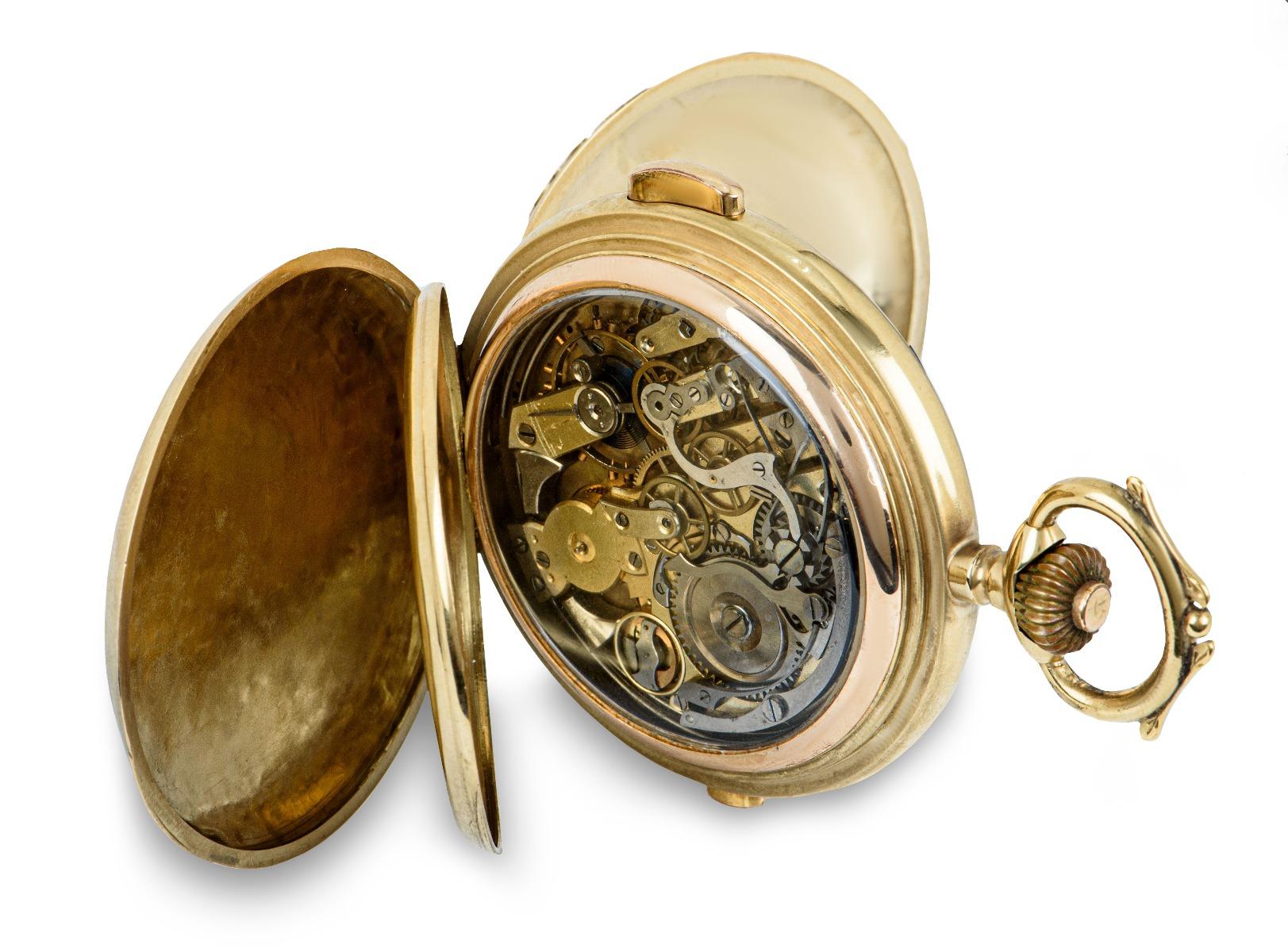 Vintage Full Hunter Quarter Repeater Chronograph Art Nouveau Pocket Watch In Excellent Condition In London, GB