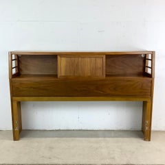 Vintage Full-Size Walnut Bookshelf Headboard With Sliding Panel Storage