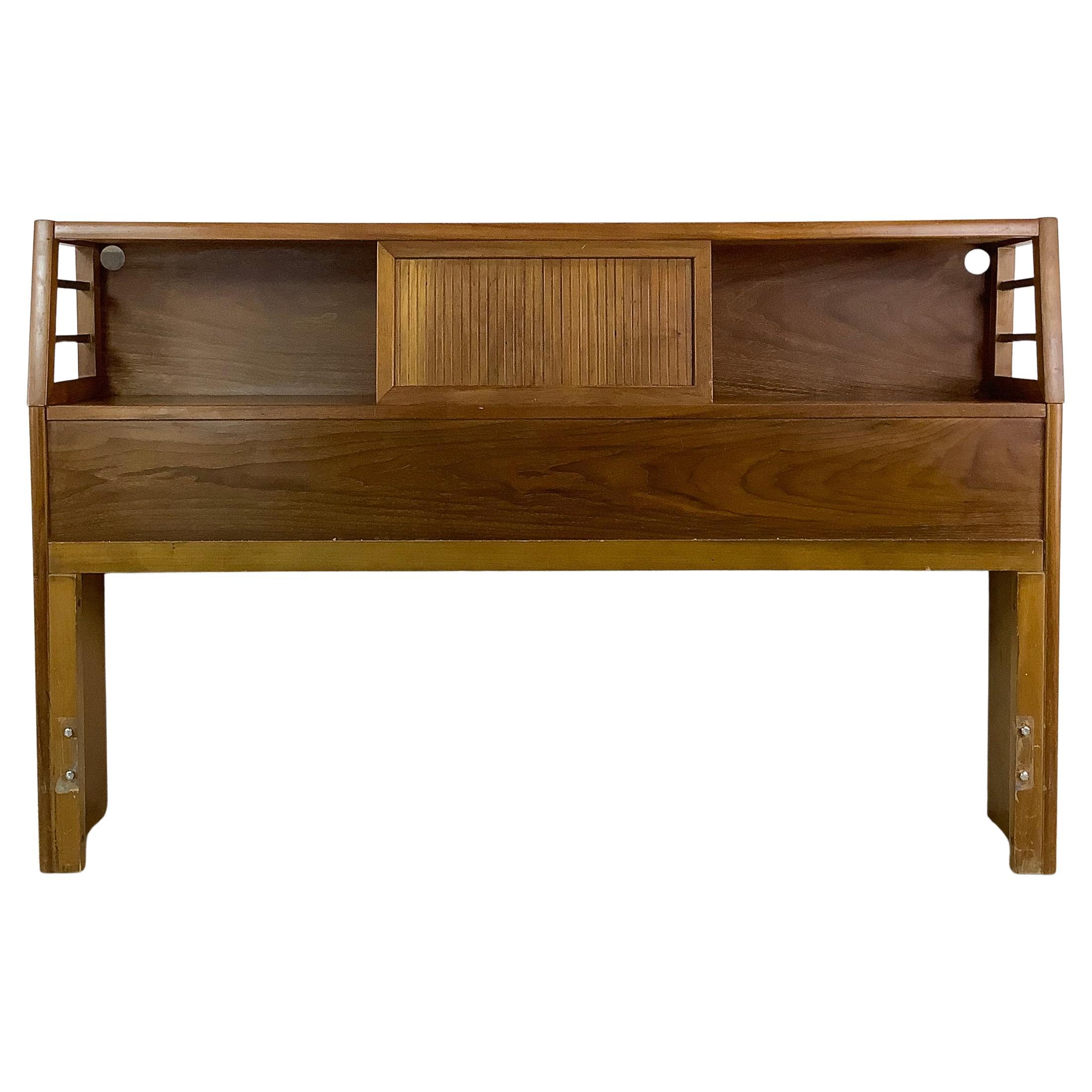 Vintage Full-Size Walnut Bookshelf Headboard With Sliding Panel Storage