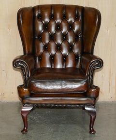 ViNTAGE FULLY RESTORED BROWN LEATHER TUFTED CHESTERFIELD WINGBACK ARMCHAIR