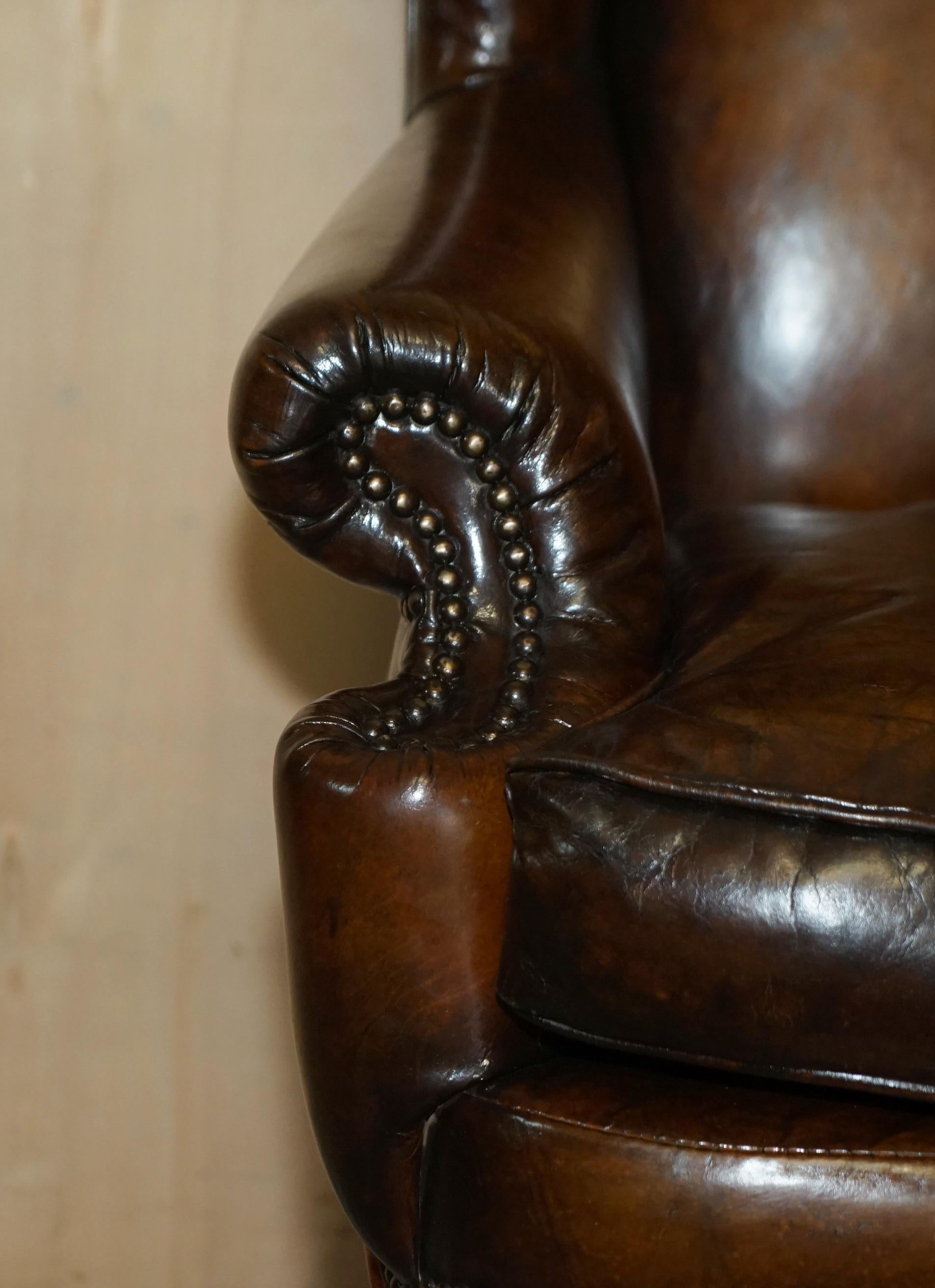 Vintage Fully Restored Brown Leather Wingback Armchair Carved Sculpted ...