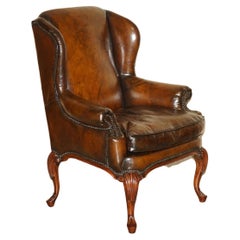 Vintage Fully Restored Brown Leather Wingback Armchair Carved Sculpted Legs