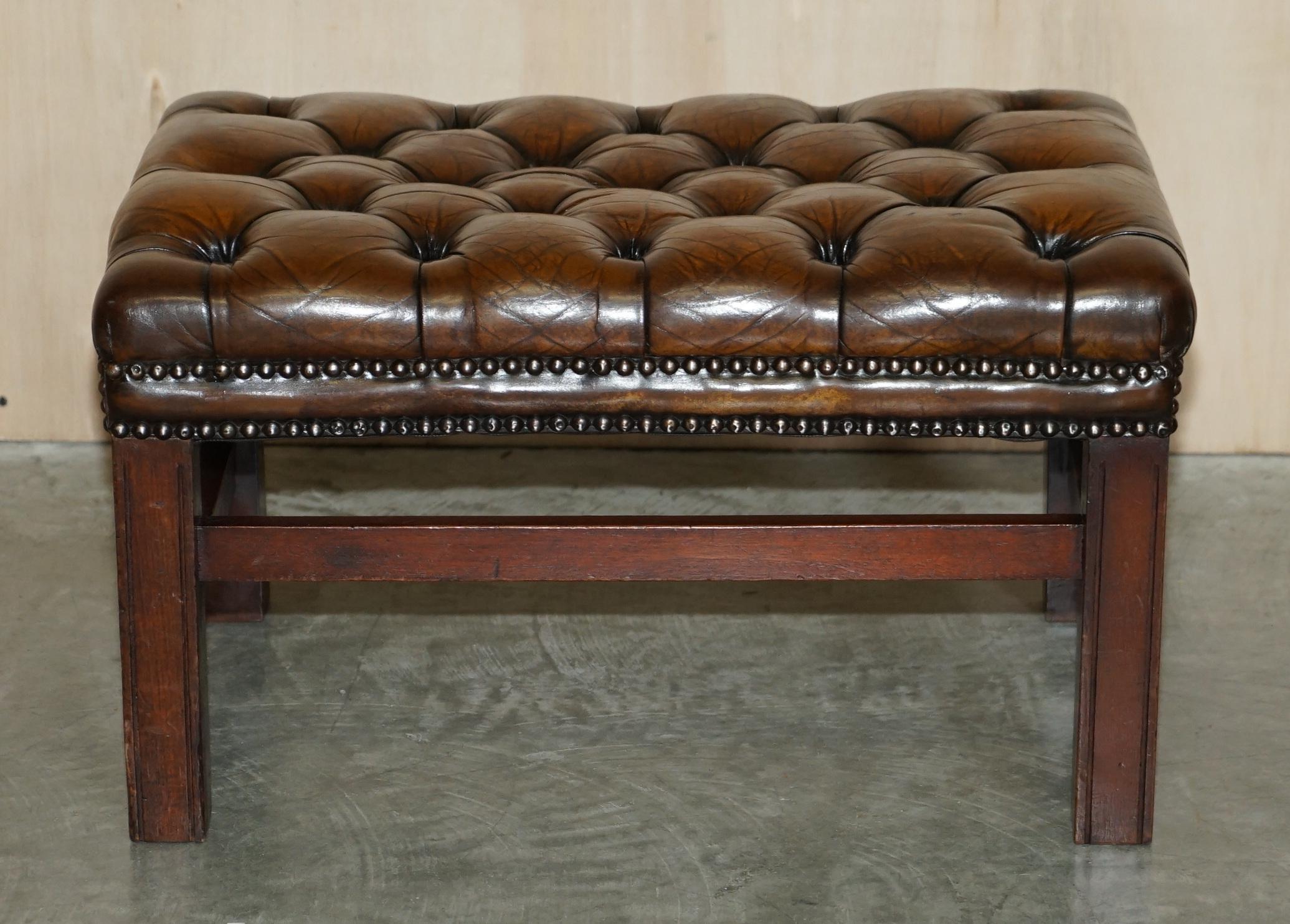 We are delighted to offer for sale this stunning, fully restored hand dyed cigar brown leather Chesterfield footstool.

A very good looking and well-made stool, it has been upholstered with high grade premium cattle hide leather which has been