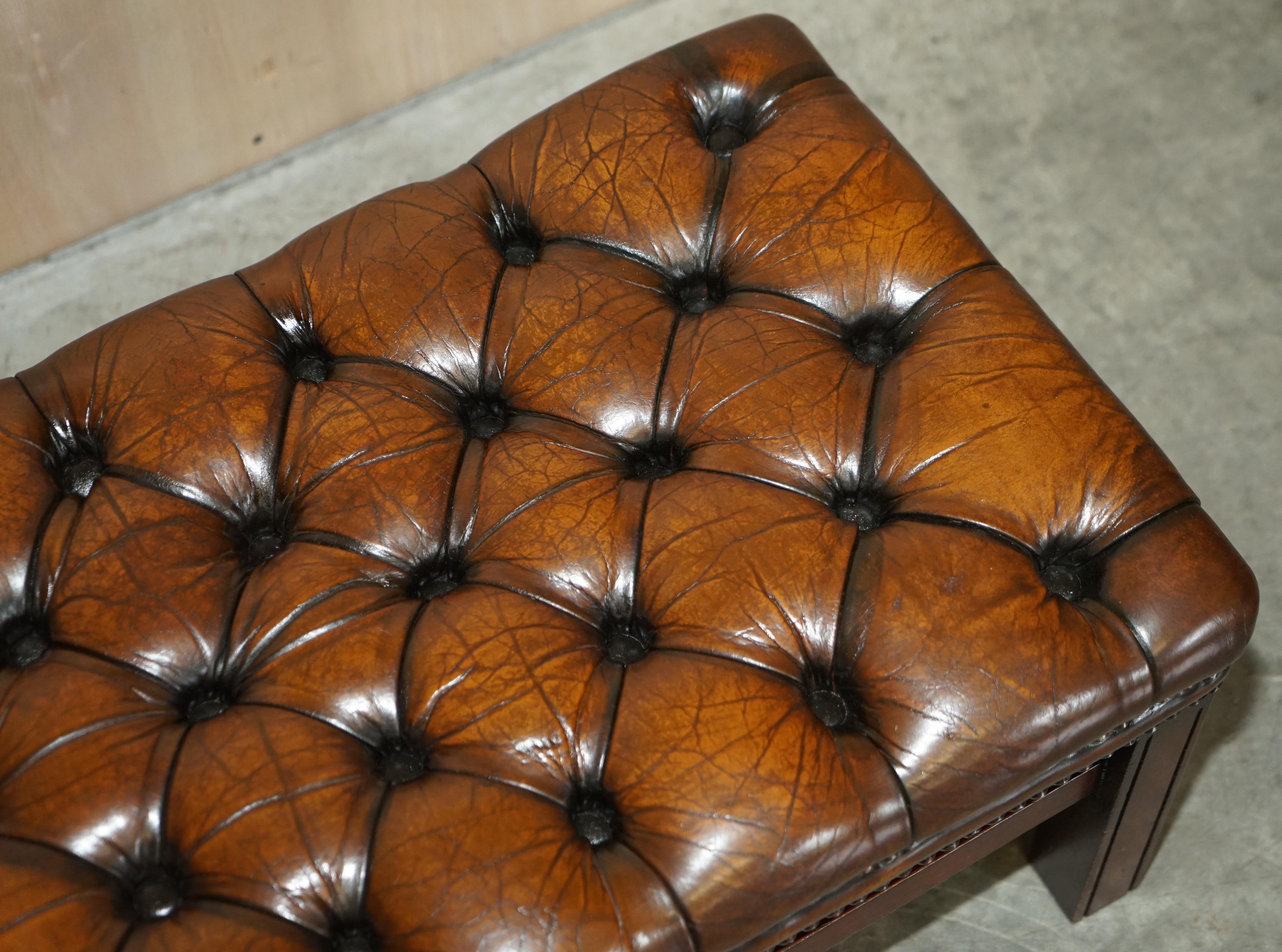 Victorian Vintage Fully Restored Chesterfield Hand Dyed Brown Leather Tufted Footstool For Sale