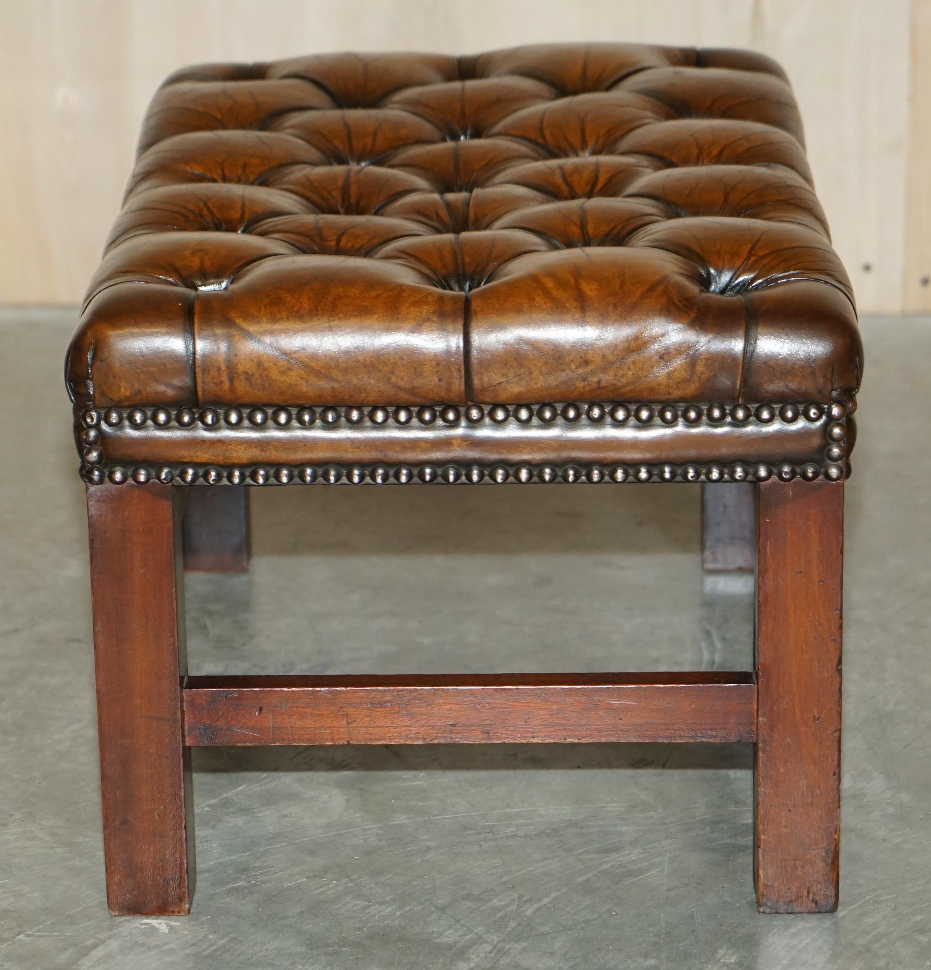 English Vintage Fully Restored Chesterfield Hand Dyed Brown Leather Tufted Footstool For Sale