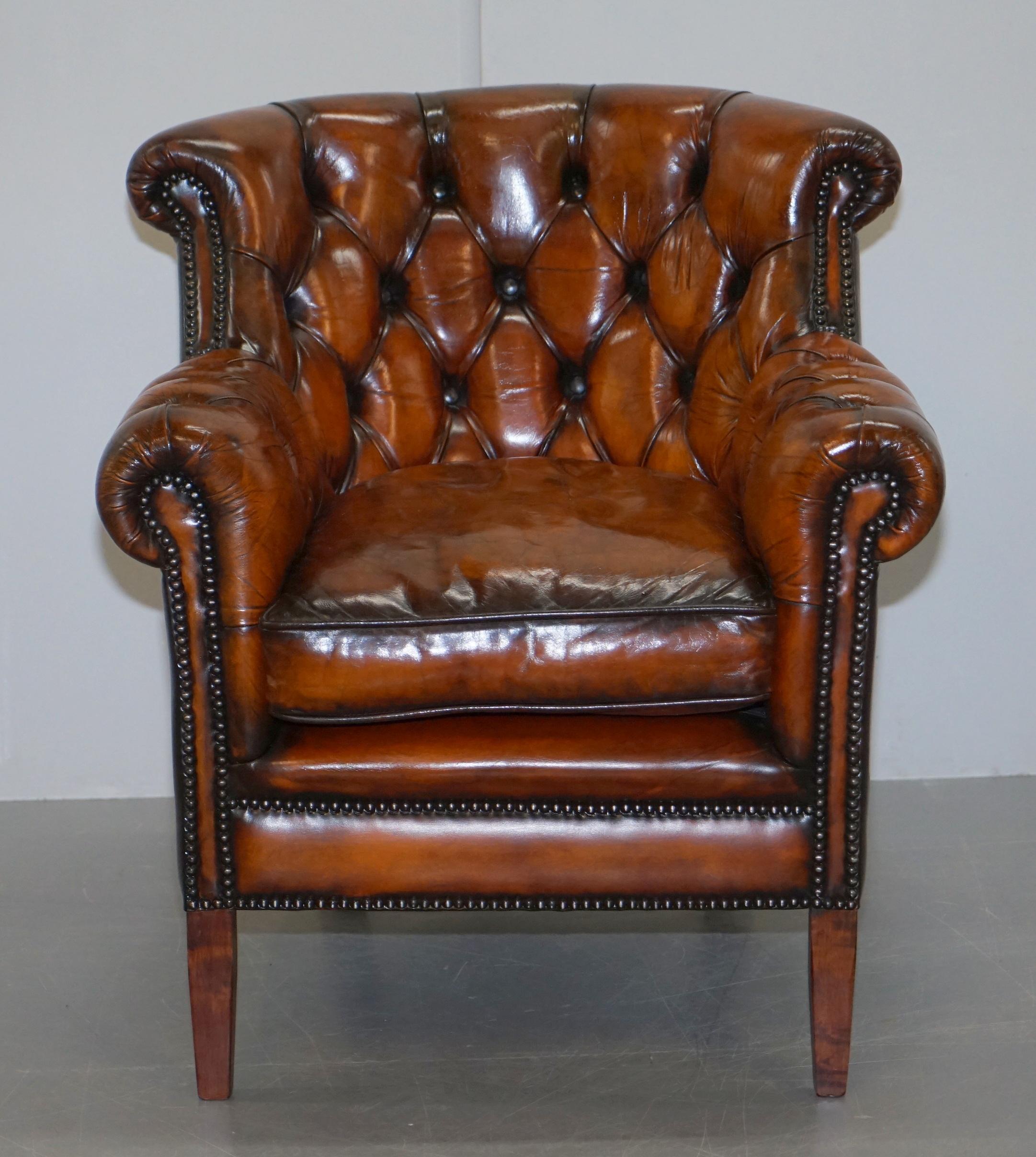 We are delighted to offer for sale this stunning fully restored cigar brown leather Chesterfield library club armchair

A very good looking well made and comfortable vintage armchair. The chair is Chesterfield tufted to the back and arms, the seat