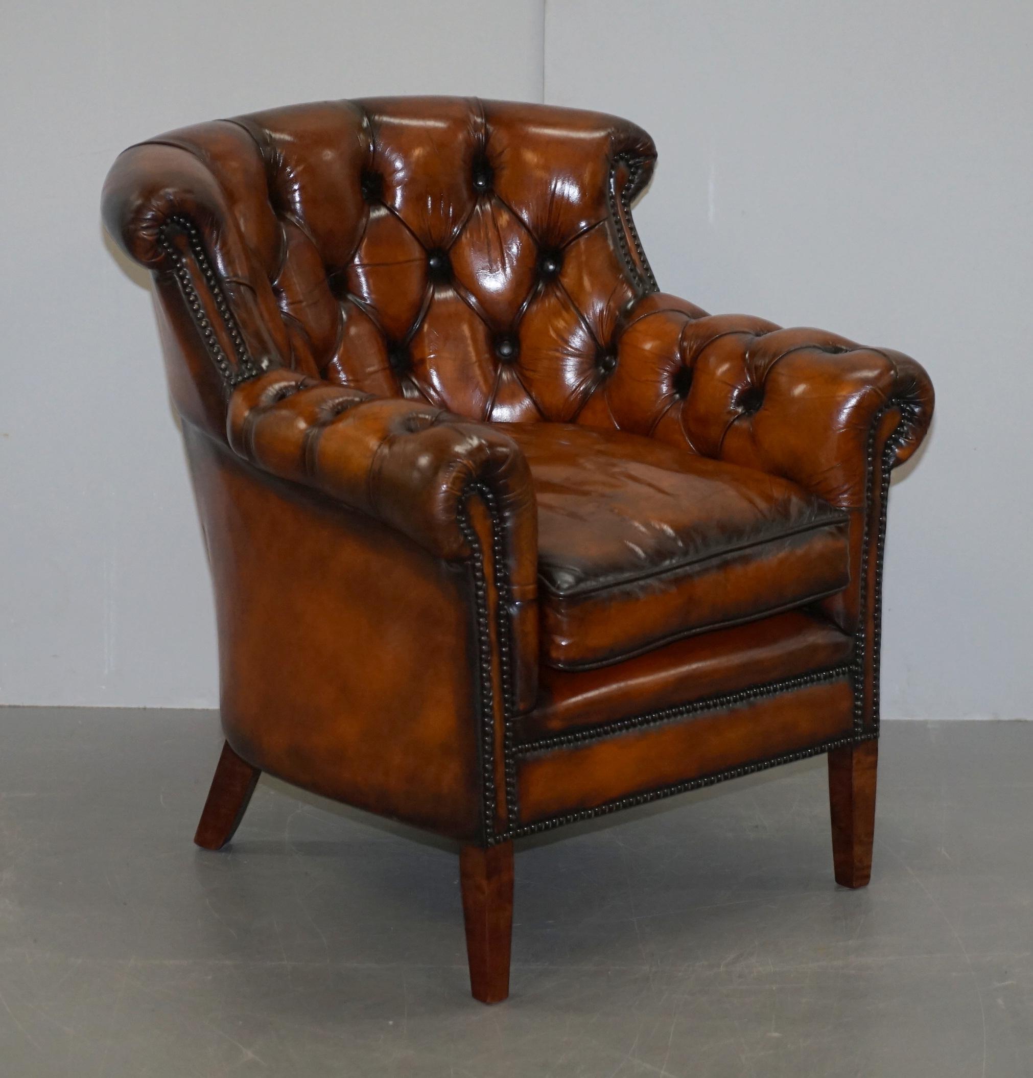 English Vintage Fully Restored Cigar Brown Leather Chesterfield Club Library Armchair