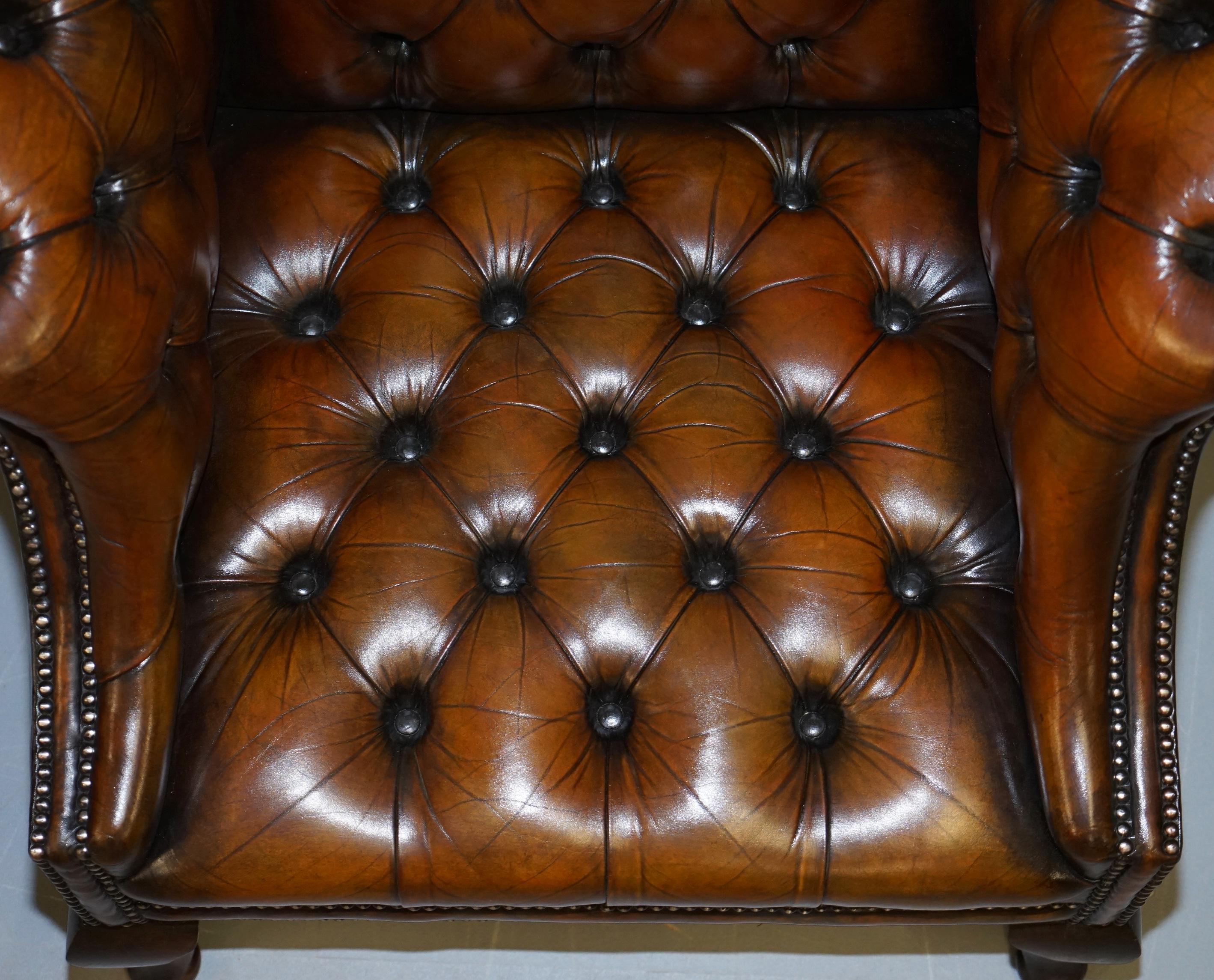 English Vintage Fully Restored Cigar Brown Leather Chesterfield Hump Back Club Armchair