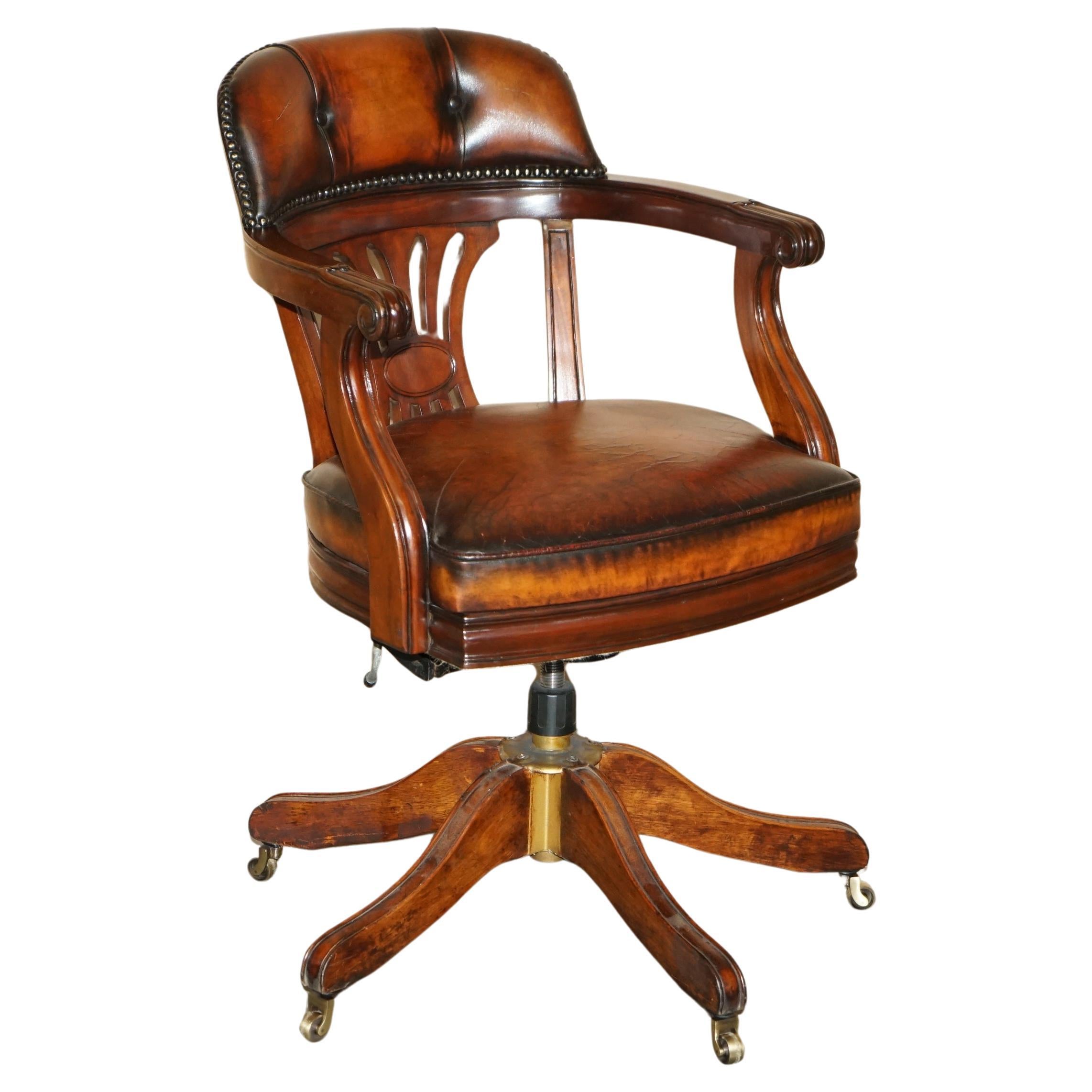 VINTAGE FULLY RESTORED DEEP CIGAR BROWN LEATHER SWiVEL CAPTAINS OFFICE CHAIR