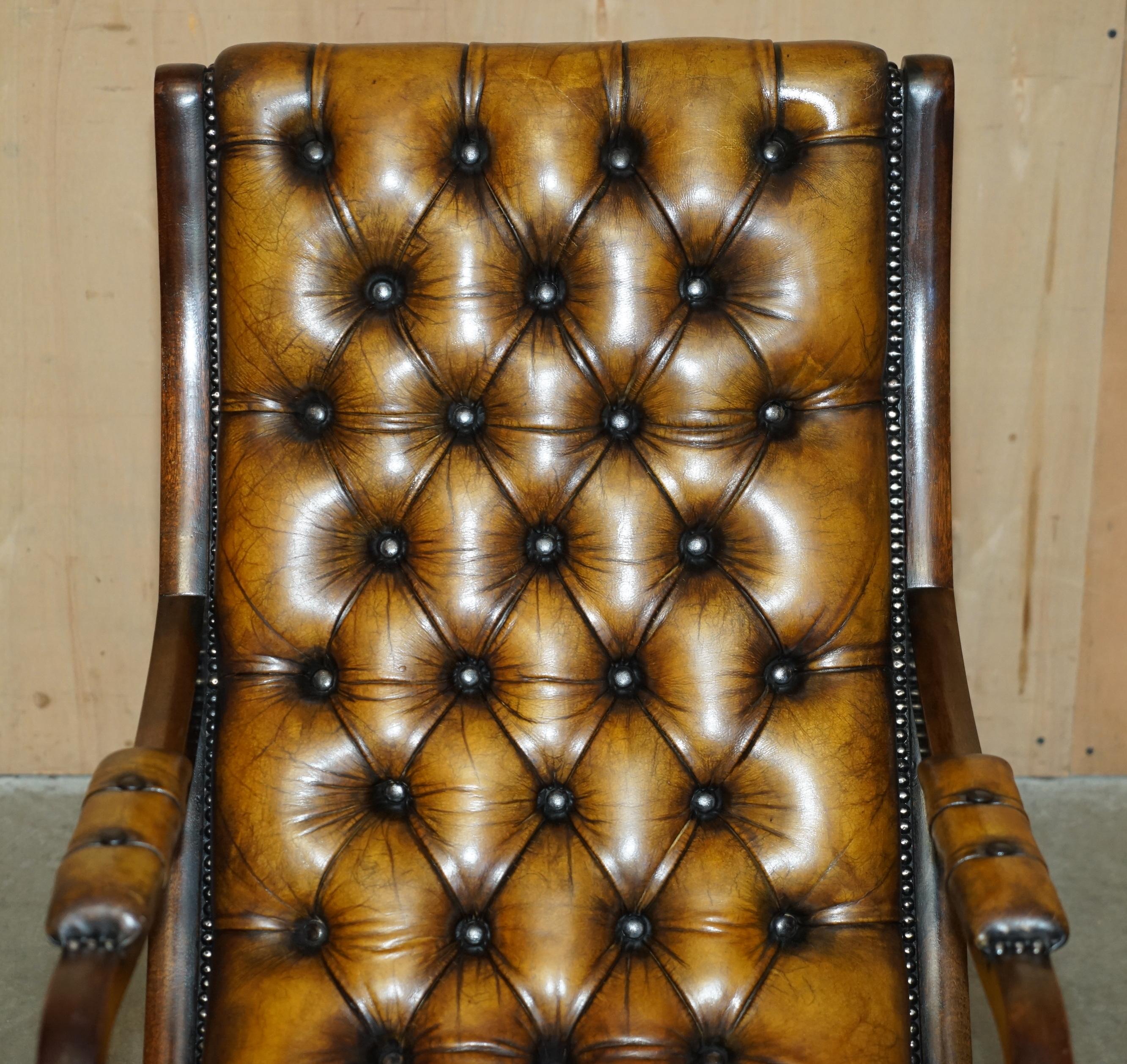 Chesterfield ViNTAGE FULLY RESTORED HAND DYED BROWN LEATHER CHESTERFIELD ROCKING ARMCHAIR For Sale