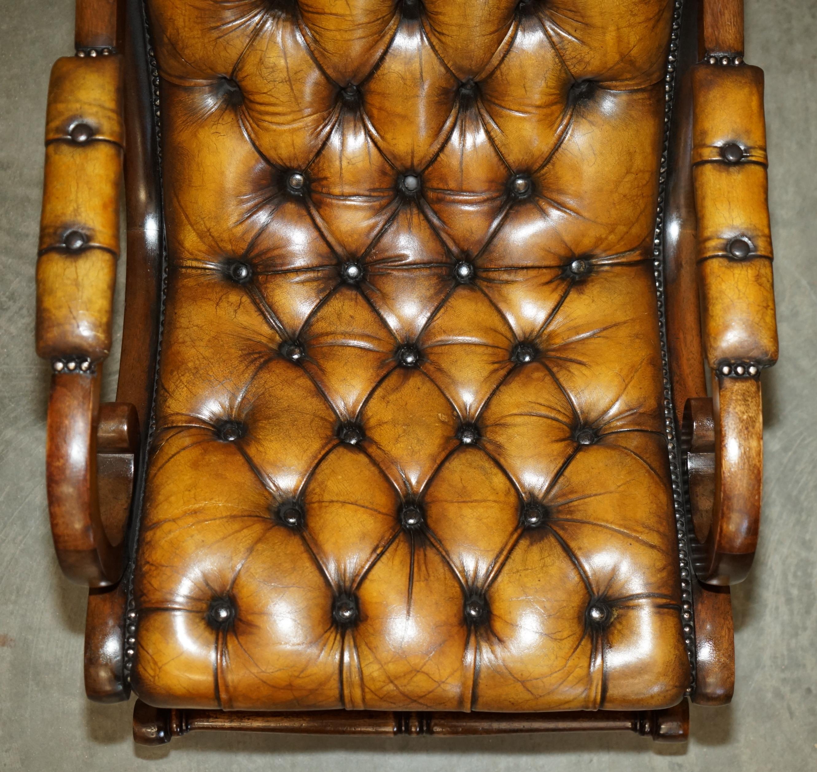 20th Century ViNTAGE FULLY RESTORED HAND DYED BROWN LEATHER CHESTERFIELD ROCKING ARMCHAIR For Sale